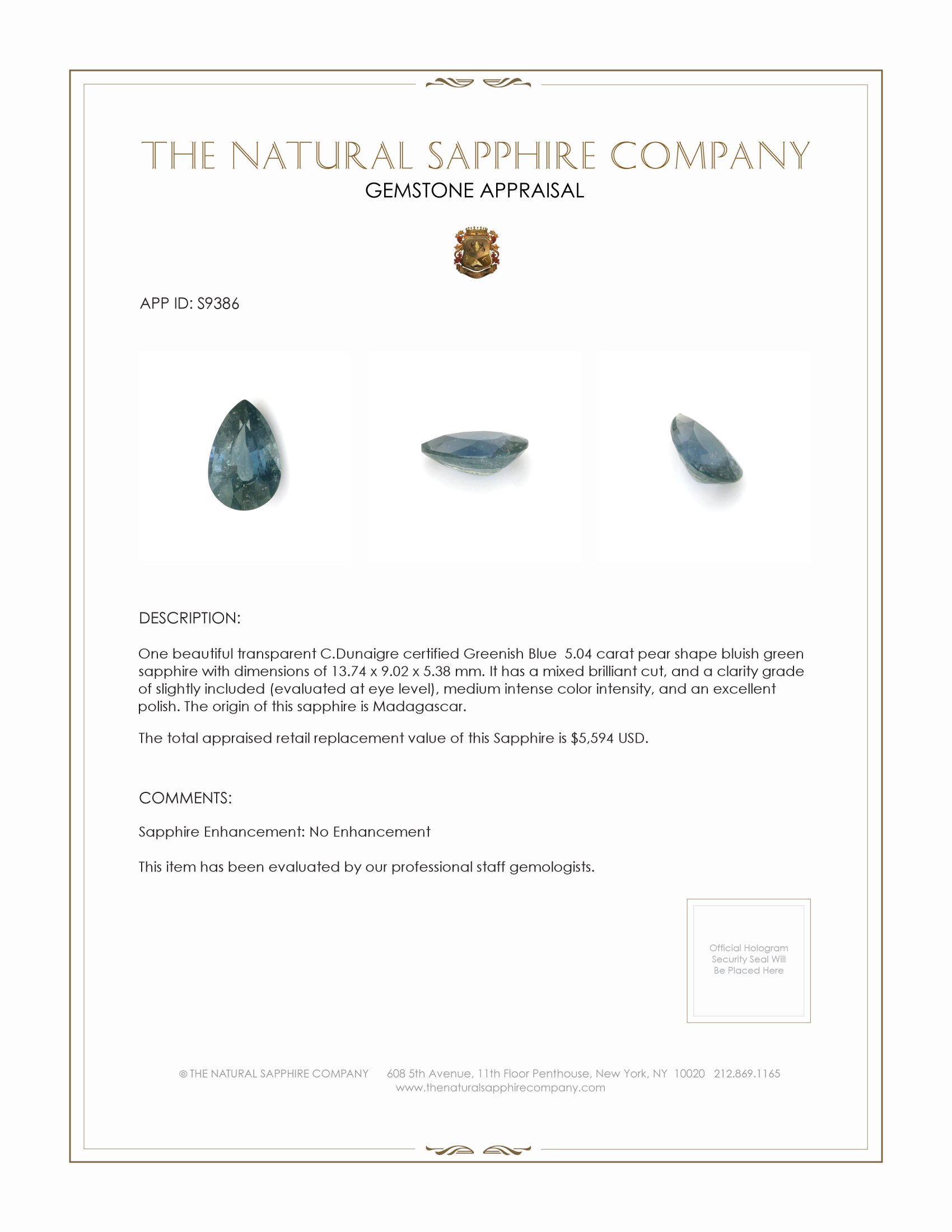 5.04 Ct. Bluish Green Sapphire from Madagascar