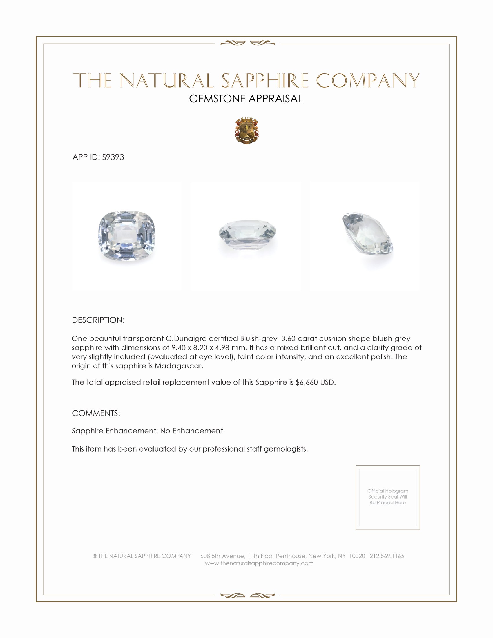 3.60 Ct. Bluish Grey Sapphire from Madagascar