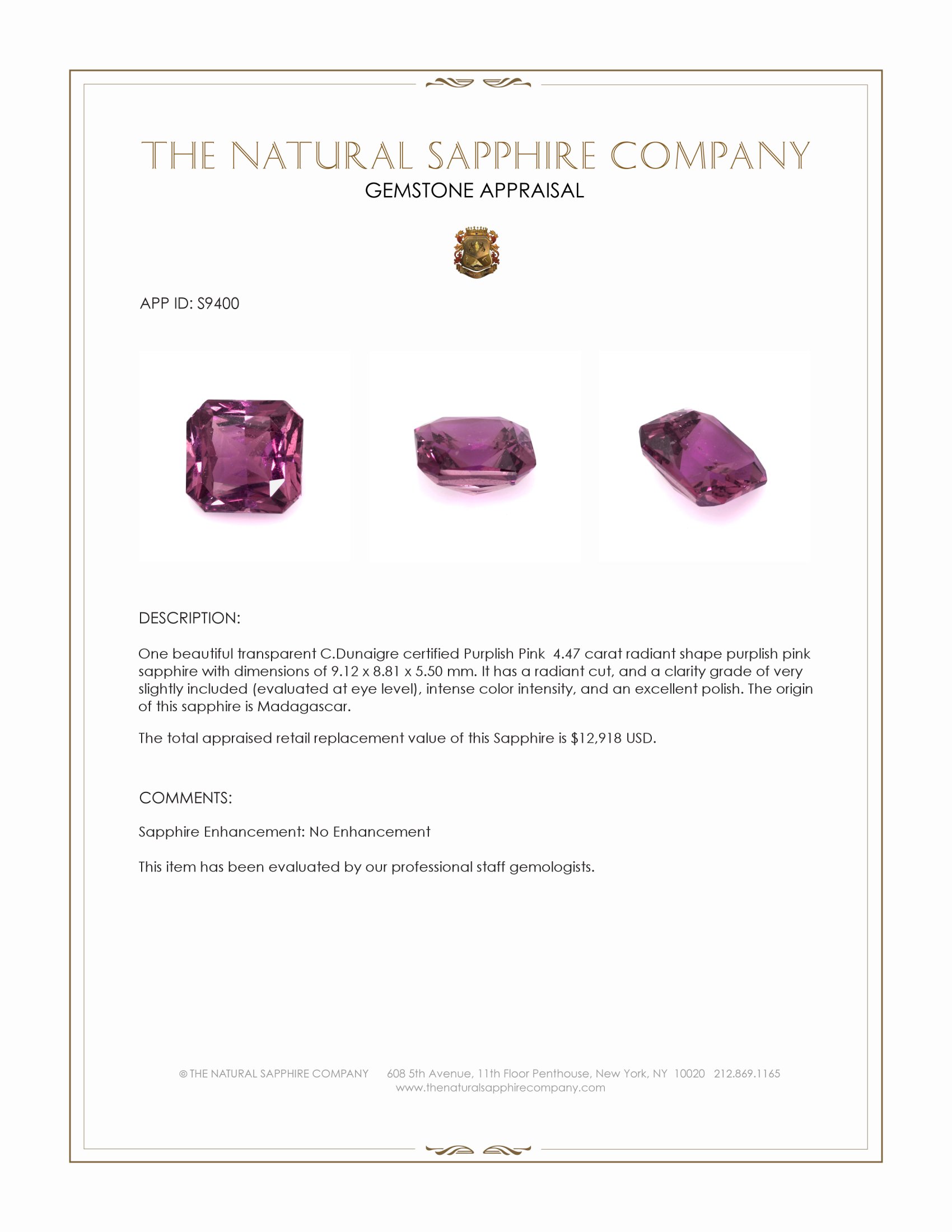 4.47 Ct. Purplish Pink Sapphire from Madagascar
