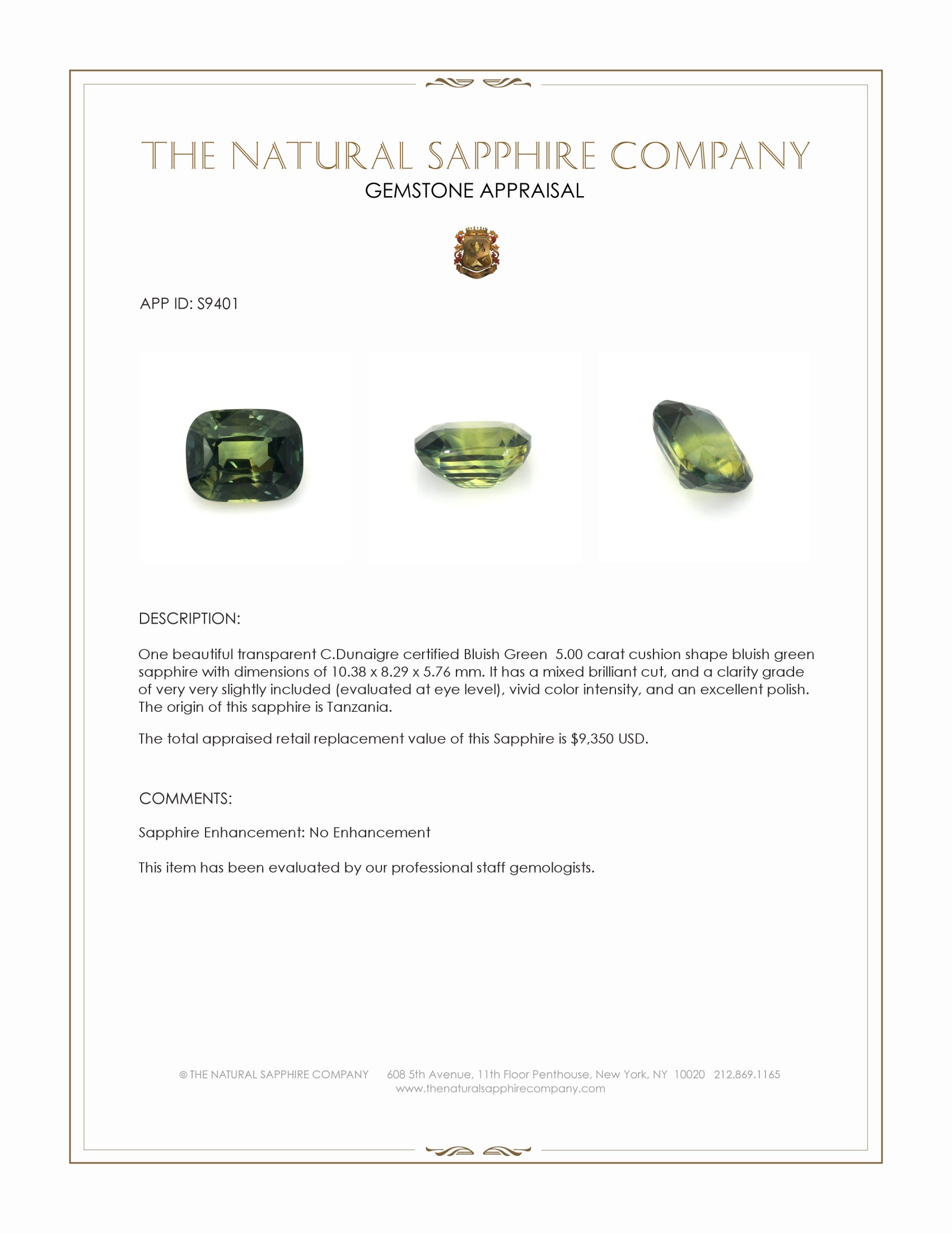 5.00 Ct. Bluish Green Sapphire from Tanzania