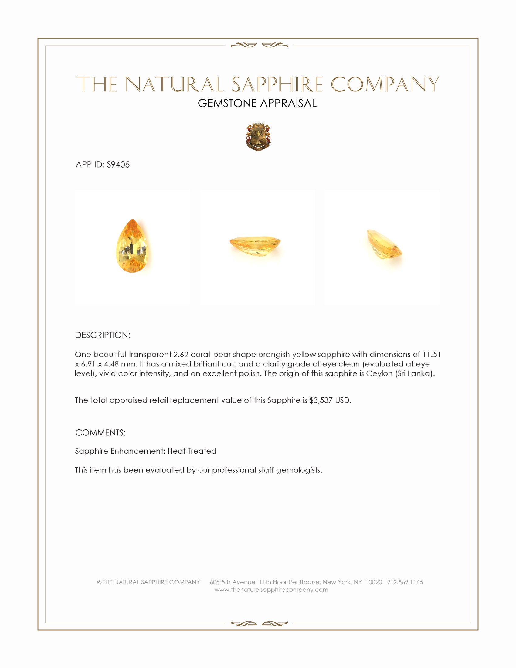 2.62 Ct. Orangish Yellow Sapphire from Ceylon (Sri Lanka)