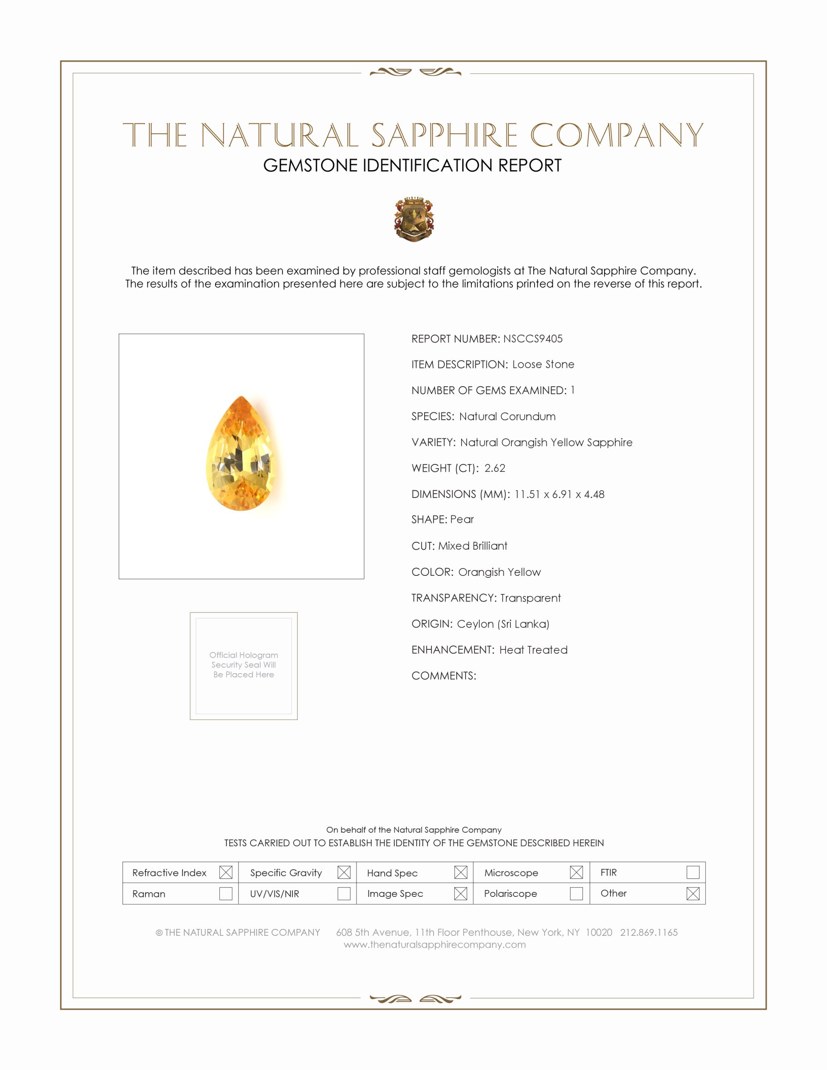 2.62 Ct. Orangish Yellow Sapphire from Ceylon (Sri Lanka)
