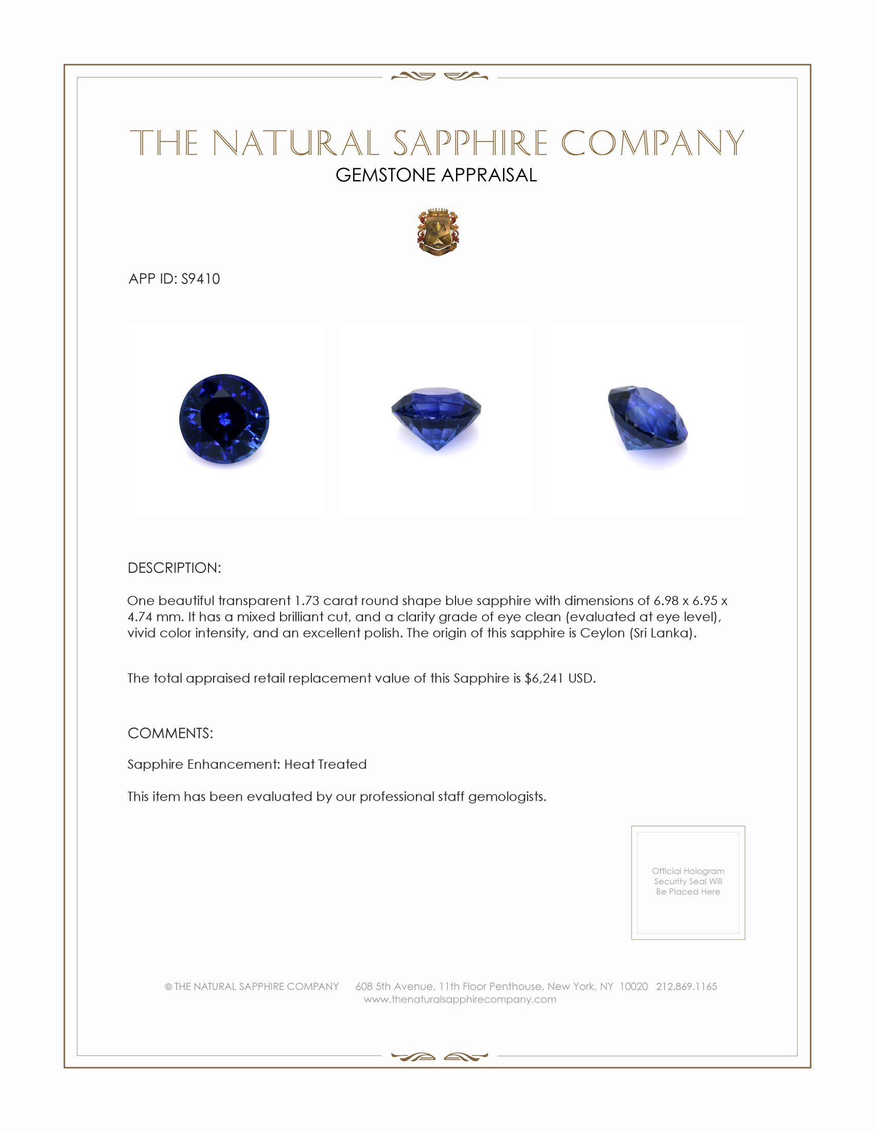 1.73 Ct. Blue Sapphire from Ceylon (Sri Lanka)