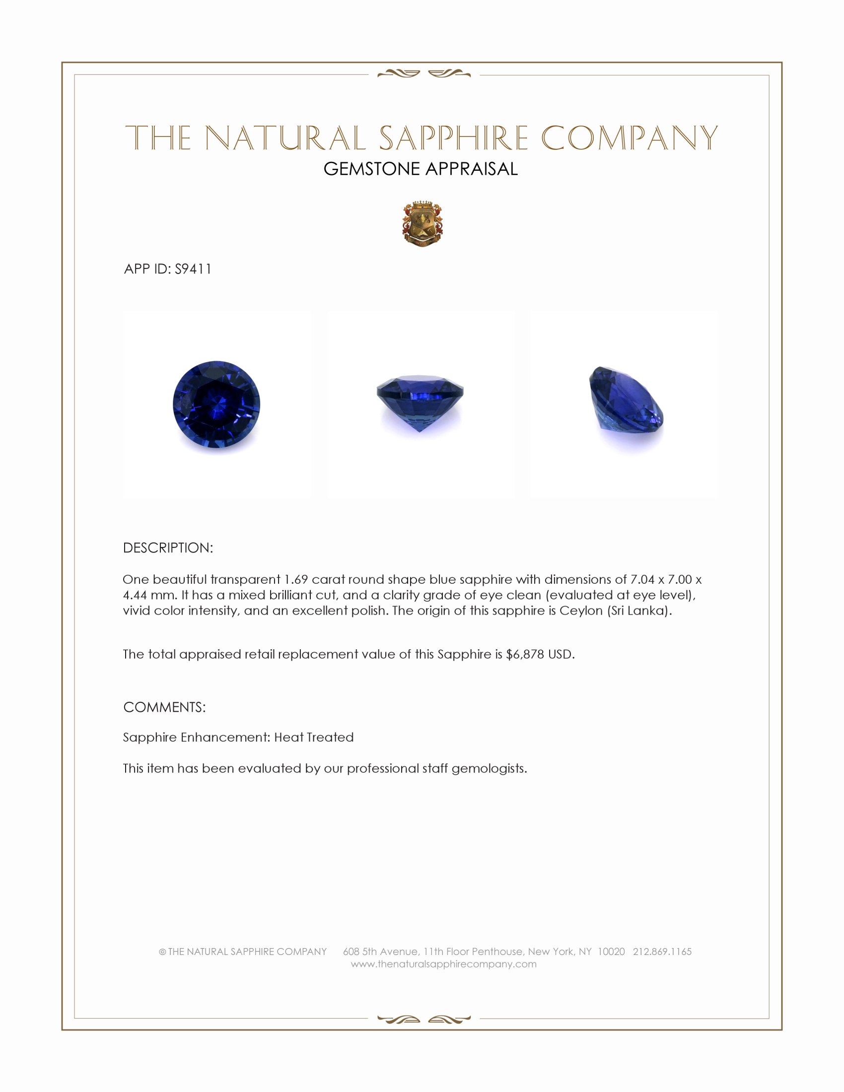 1.69 Ct. Blue Sapphire from Ceylon (Sri Lanka)