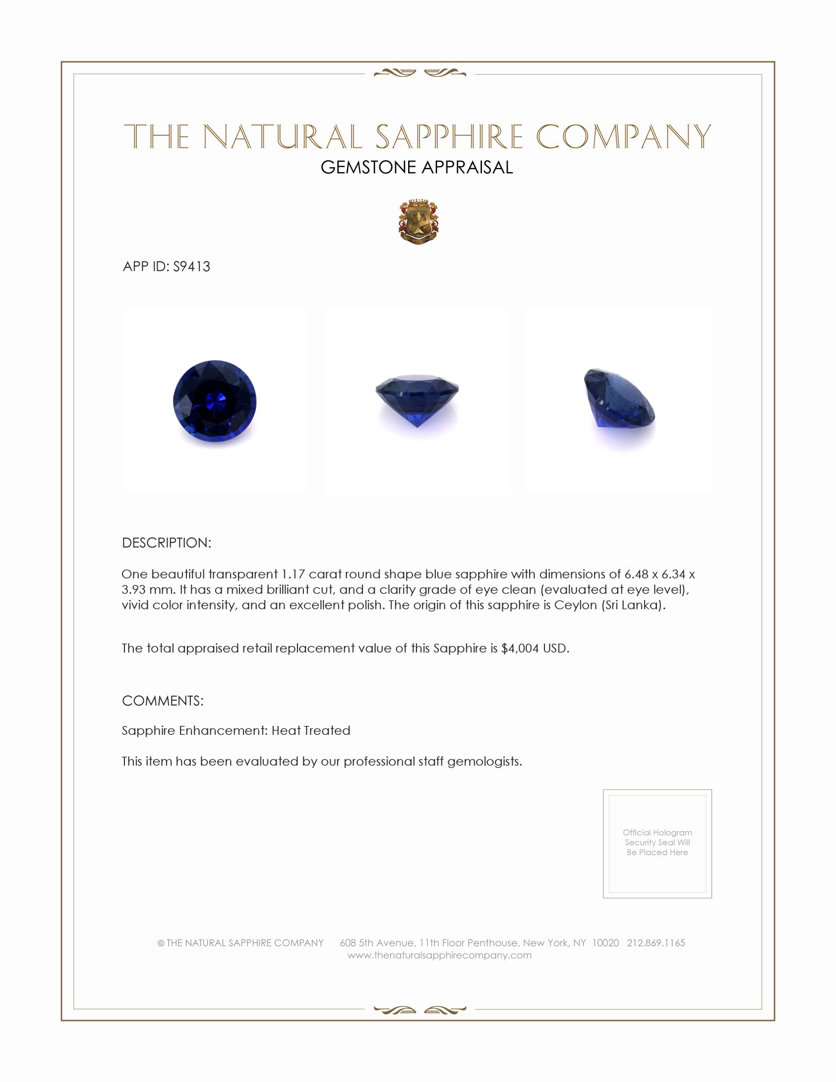 1.17 Ct. Blue Sapphire from Ceylon (Sri Lanka)