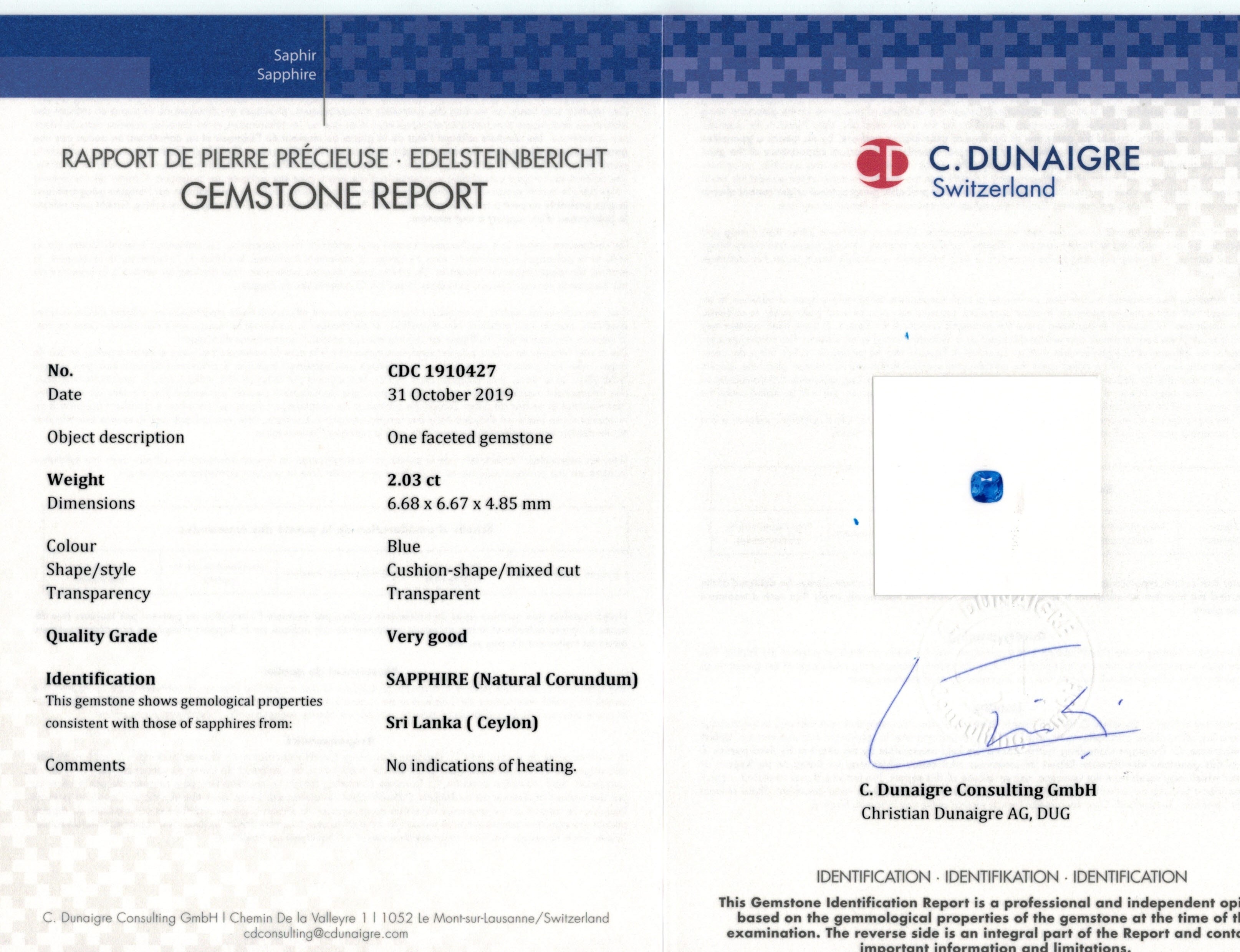 2.03 Ct. Blue Sapphire from Ceylon (Sri Lanka)