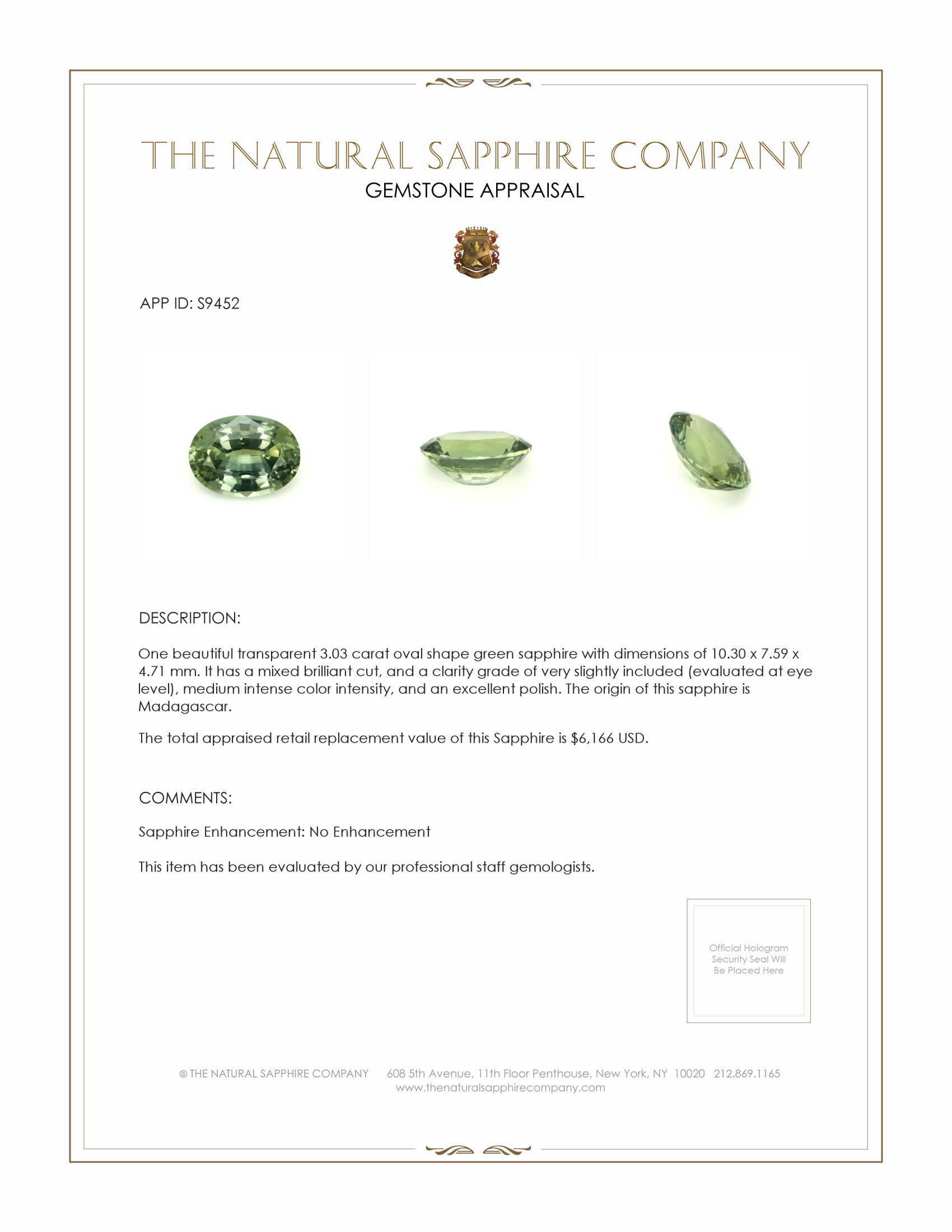 3.03 Ct. Yellowish Green Sapphire from Madagascar