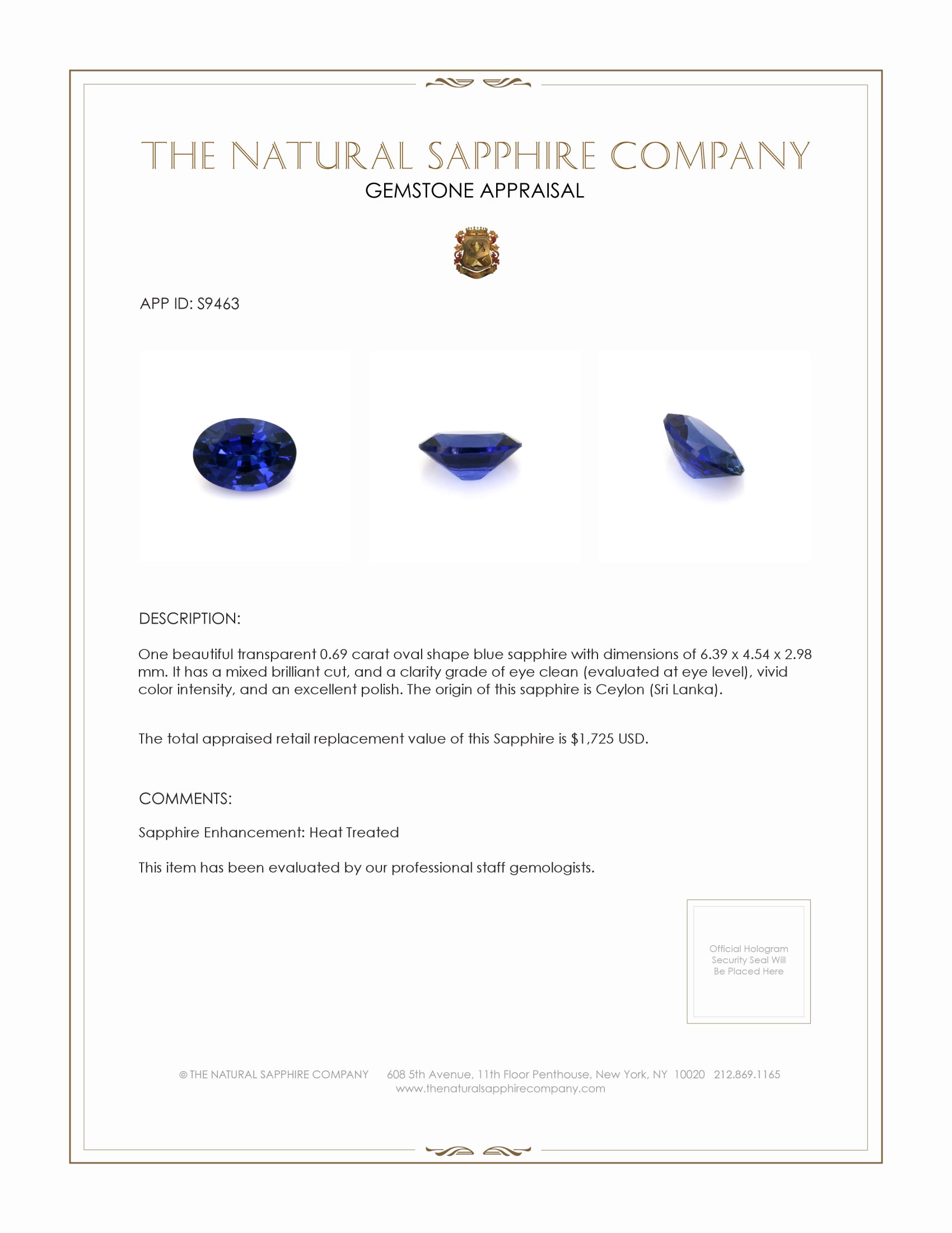 0.69 Ct. Blue Sapphire from Ceylon (Sri Lanka)