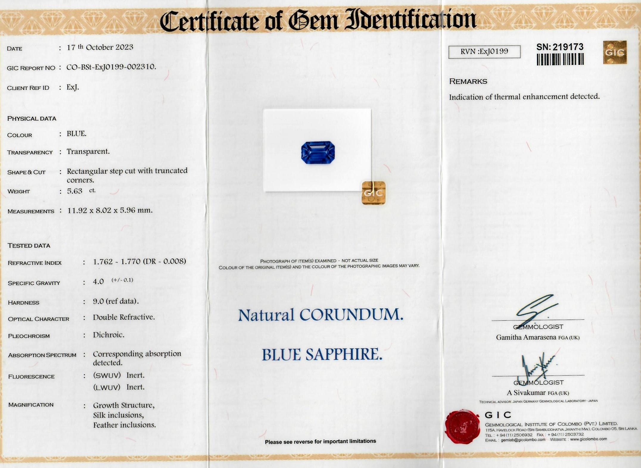 5.63 Ct. Blue Sapphire from Ceylon (Sri Lanka)