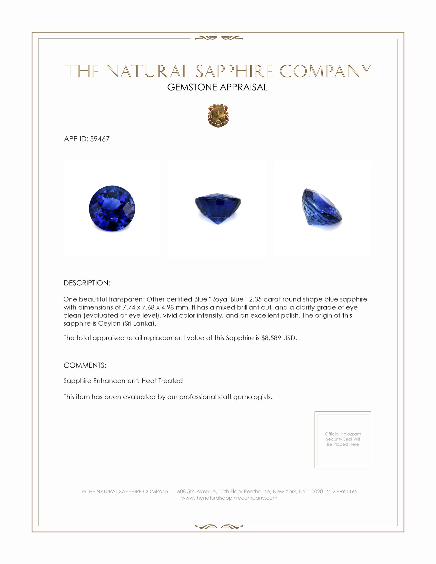 2.35 Ct. Blue Sapphire from Ceylon (Sri Lanka)