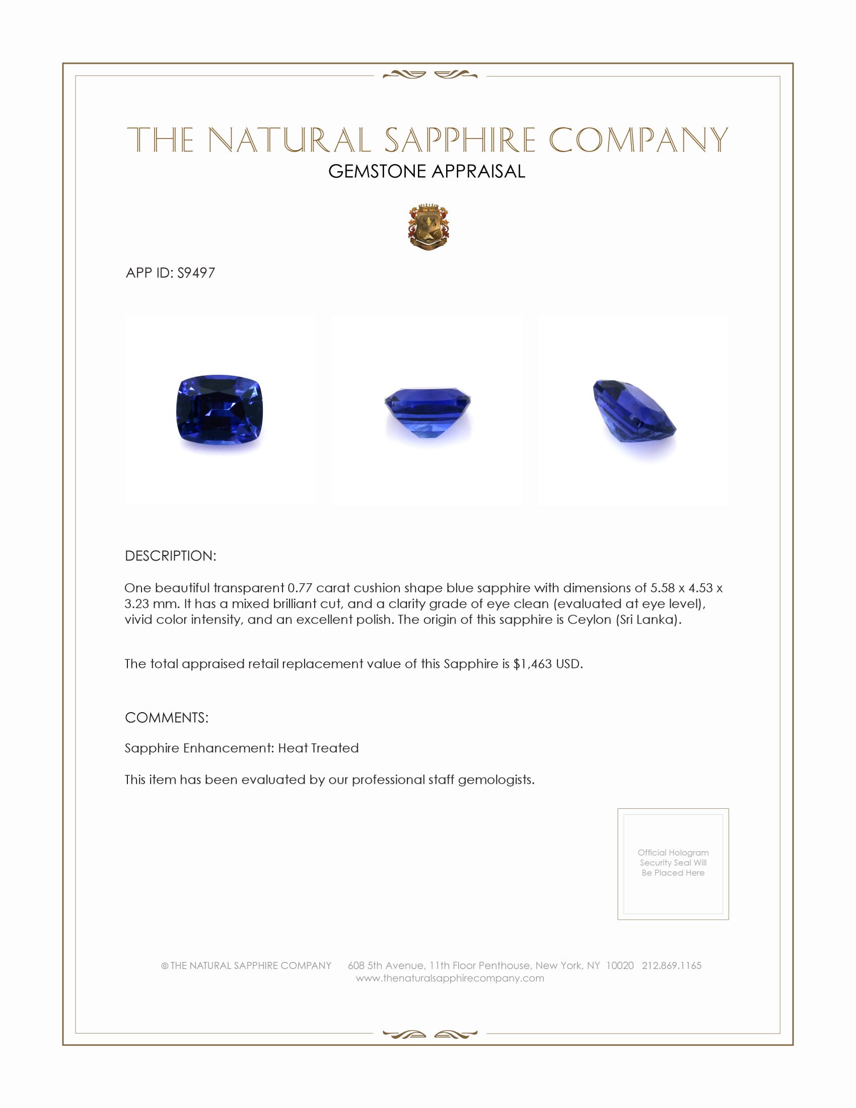 0.77 Ct. Blue Sapphire from Ceylon (Sri Lanka)