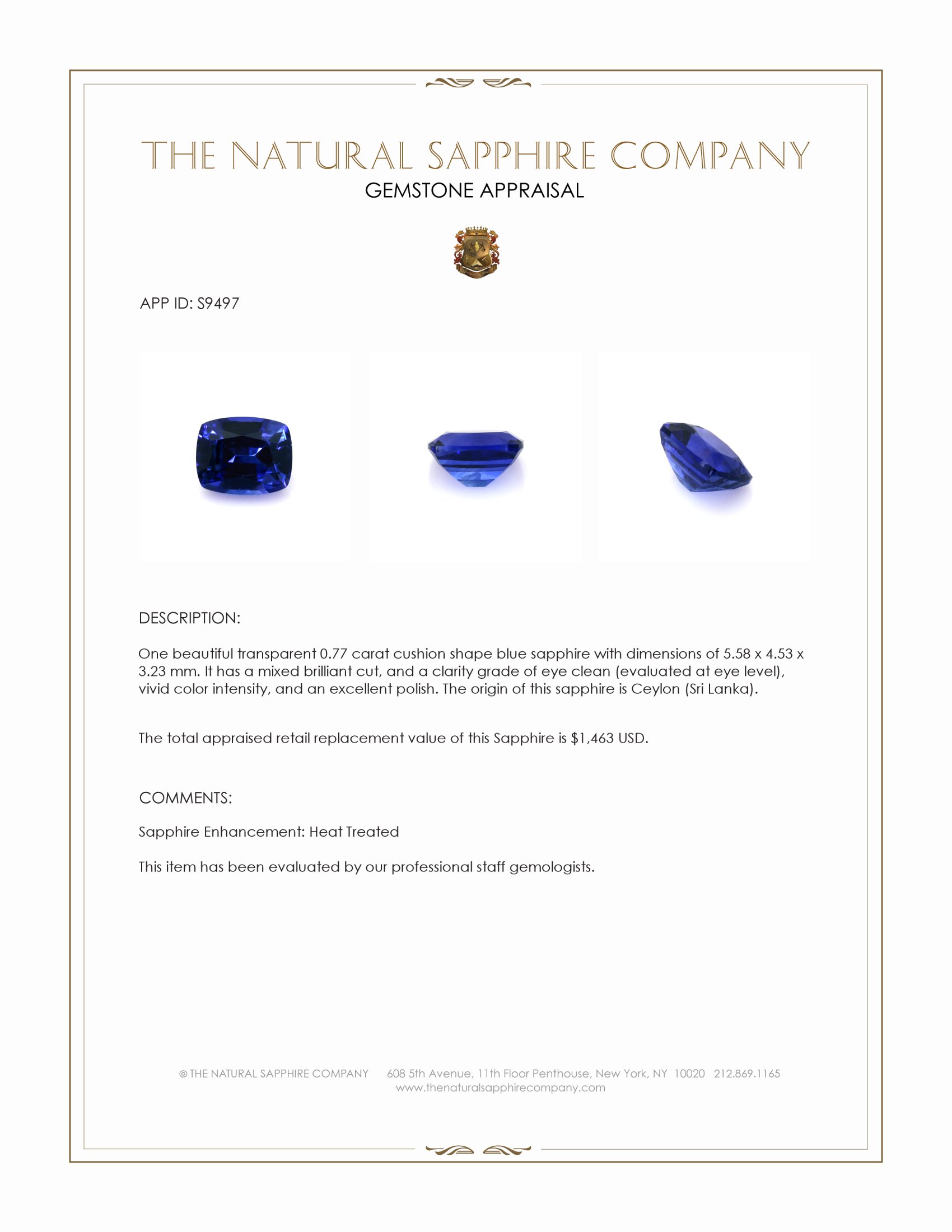 0.77 Ct. Blue Sapphire from Ceylon (Sri Lanka)