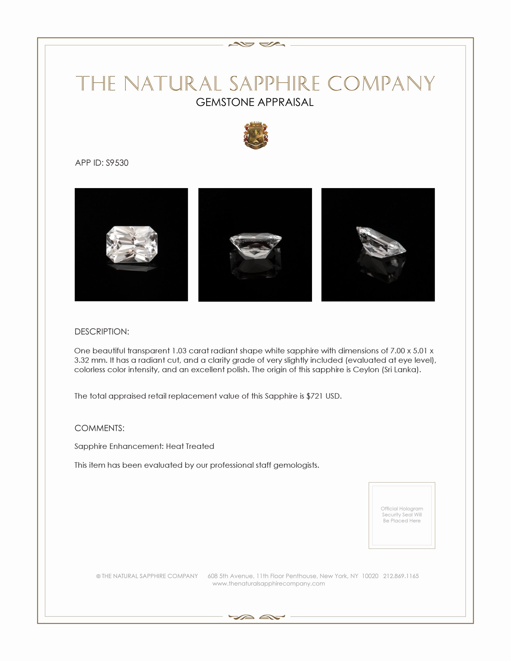 1.03 Ct. White Sapphire from Ceylon (Sri Lanka)