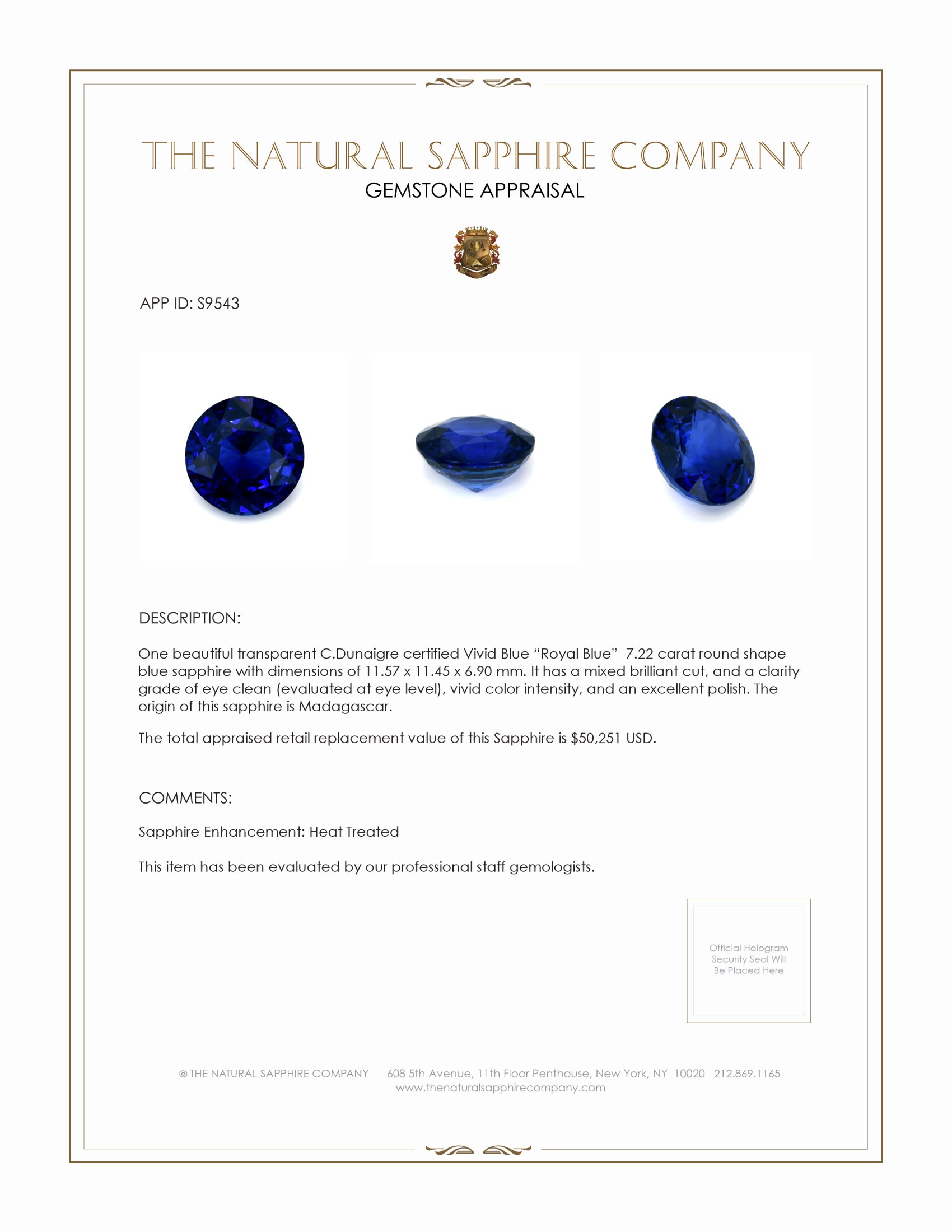 7.22 Ct. Blue Sapphire from Madagascar