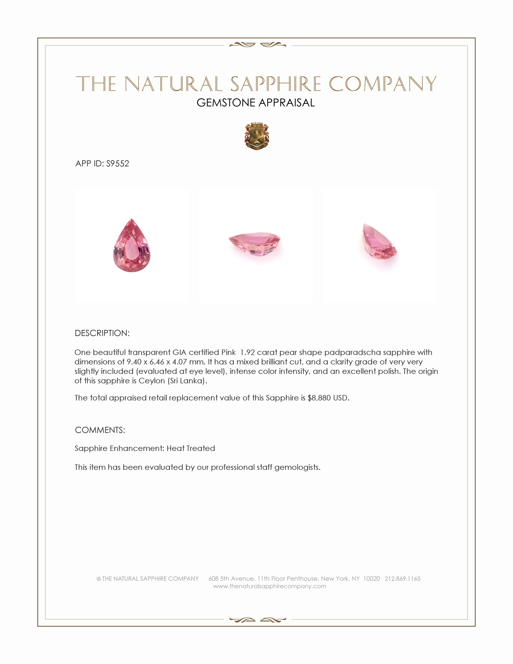 1.92 Ct. Padparadscha Sapphire from Ceylon (Sri Lanka)
