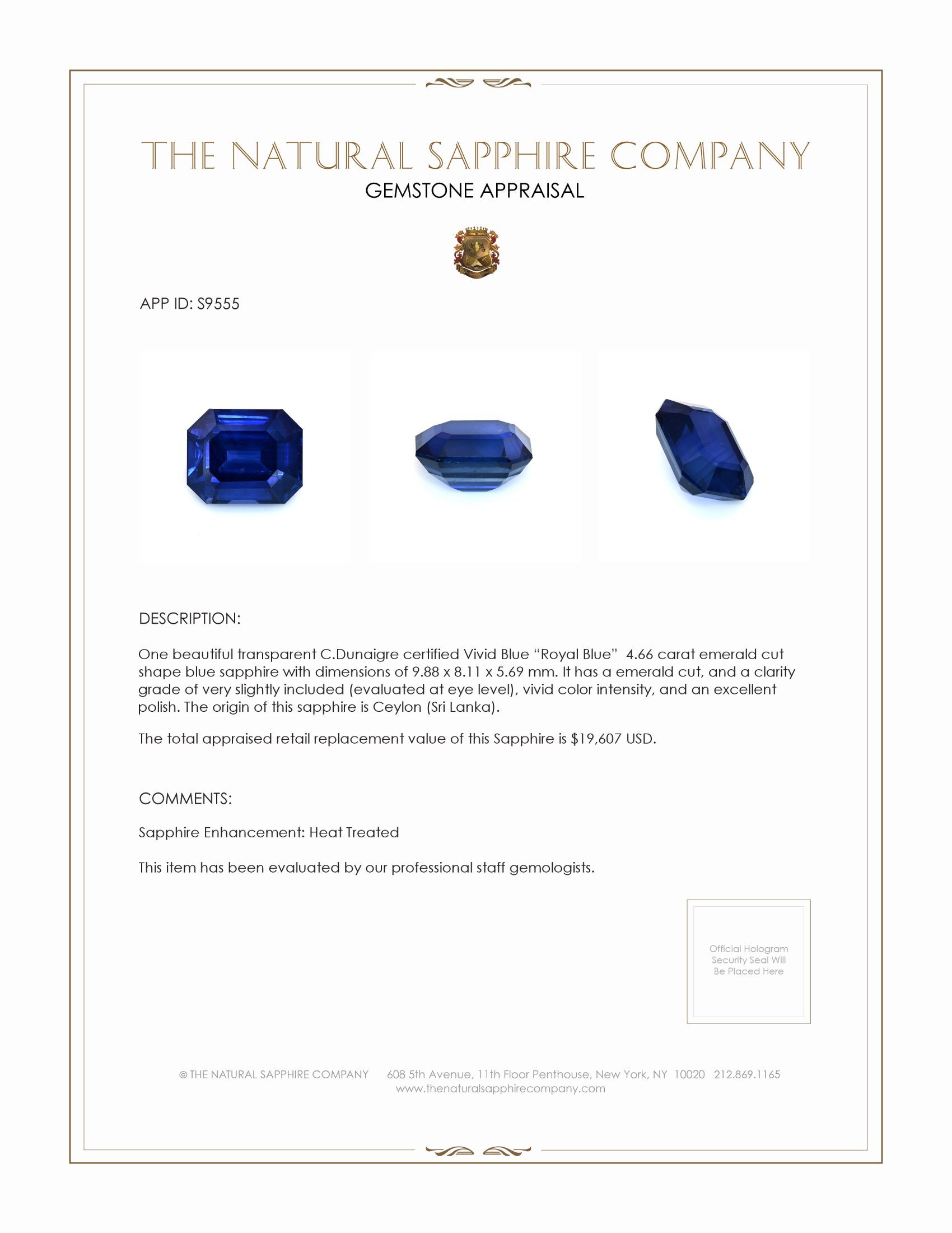 4.66 Ct. Blue Sapphire from Ceylon (Sri Lanka)