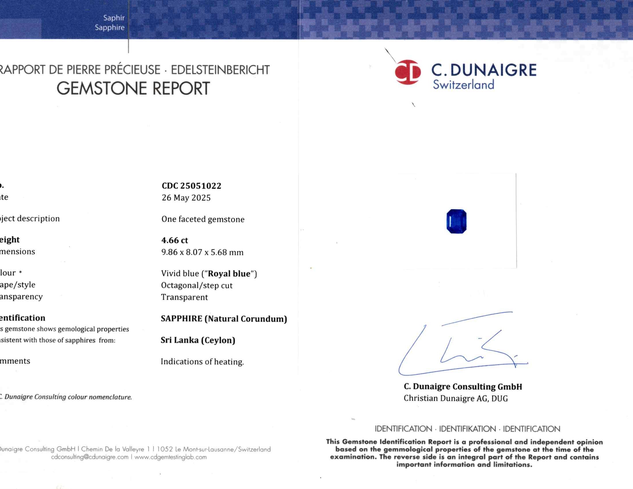 4.66 Ct. Blue Sapphire from Ceylon (Sri Lanka)