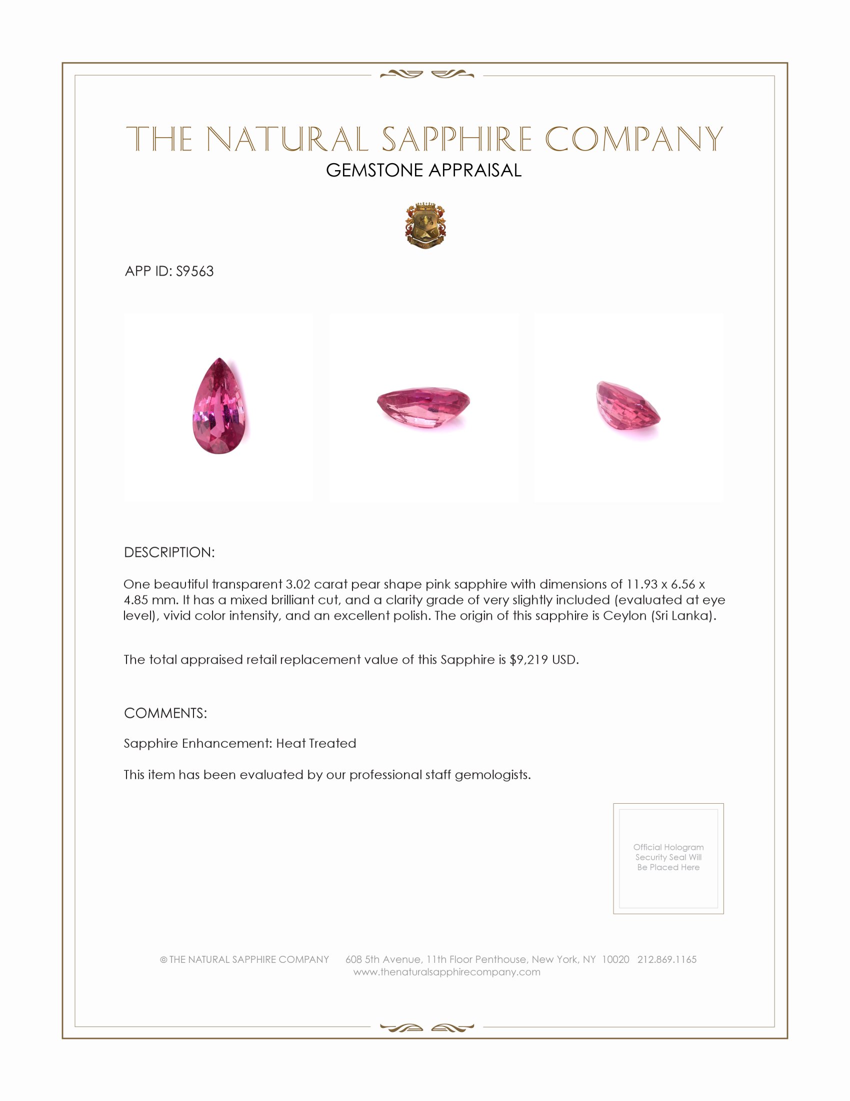 3.02 Ct. Pink Sapphire from Ceylon (Sri Lanka)
