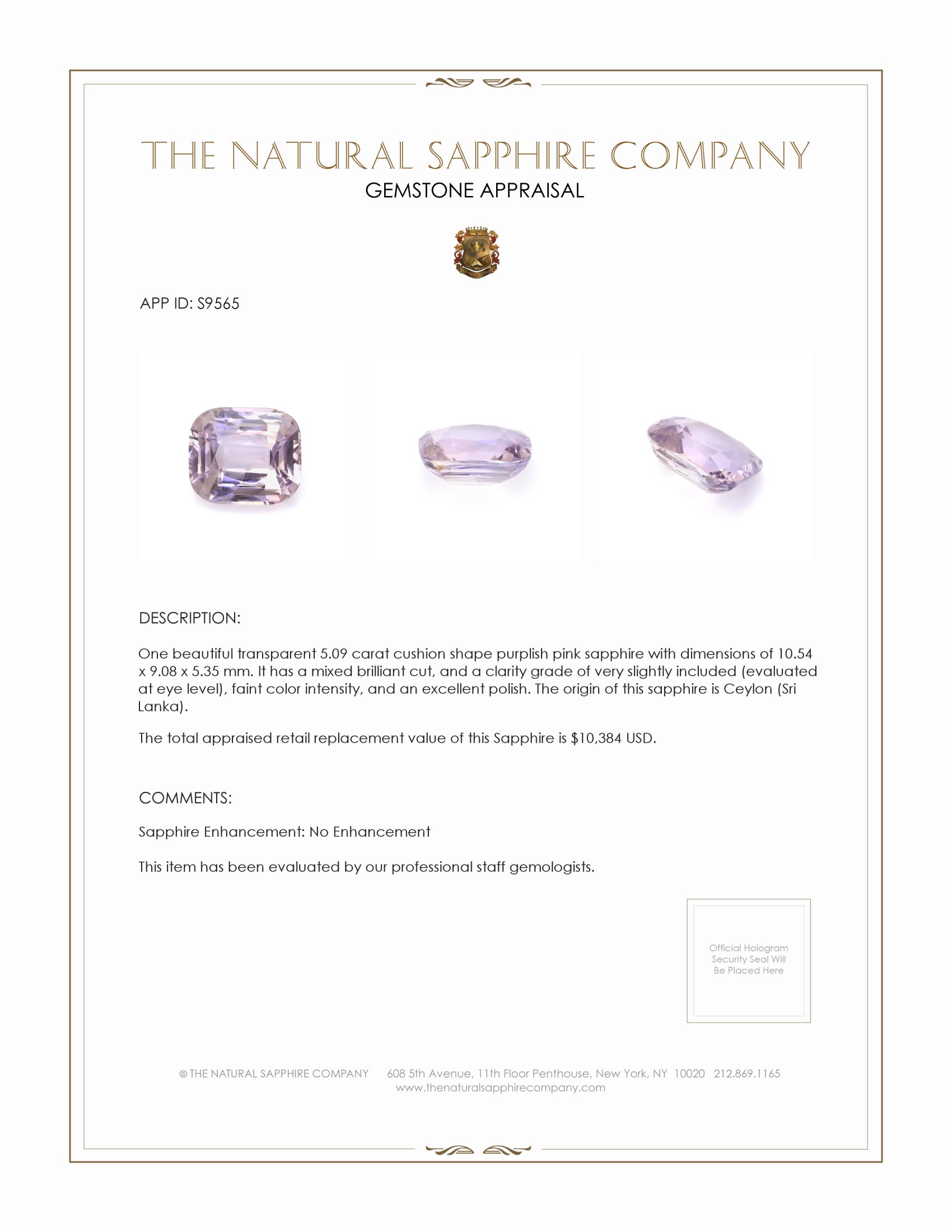 5.09 Ct. Purplish Pink Sapphire from Ceylon (Sri Lanka)