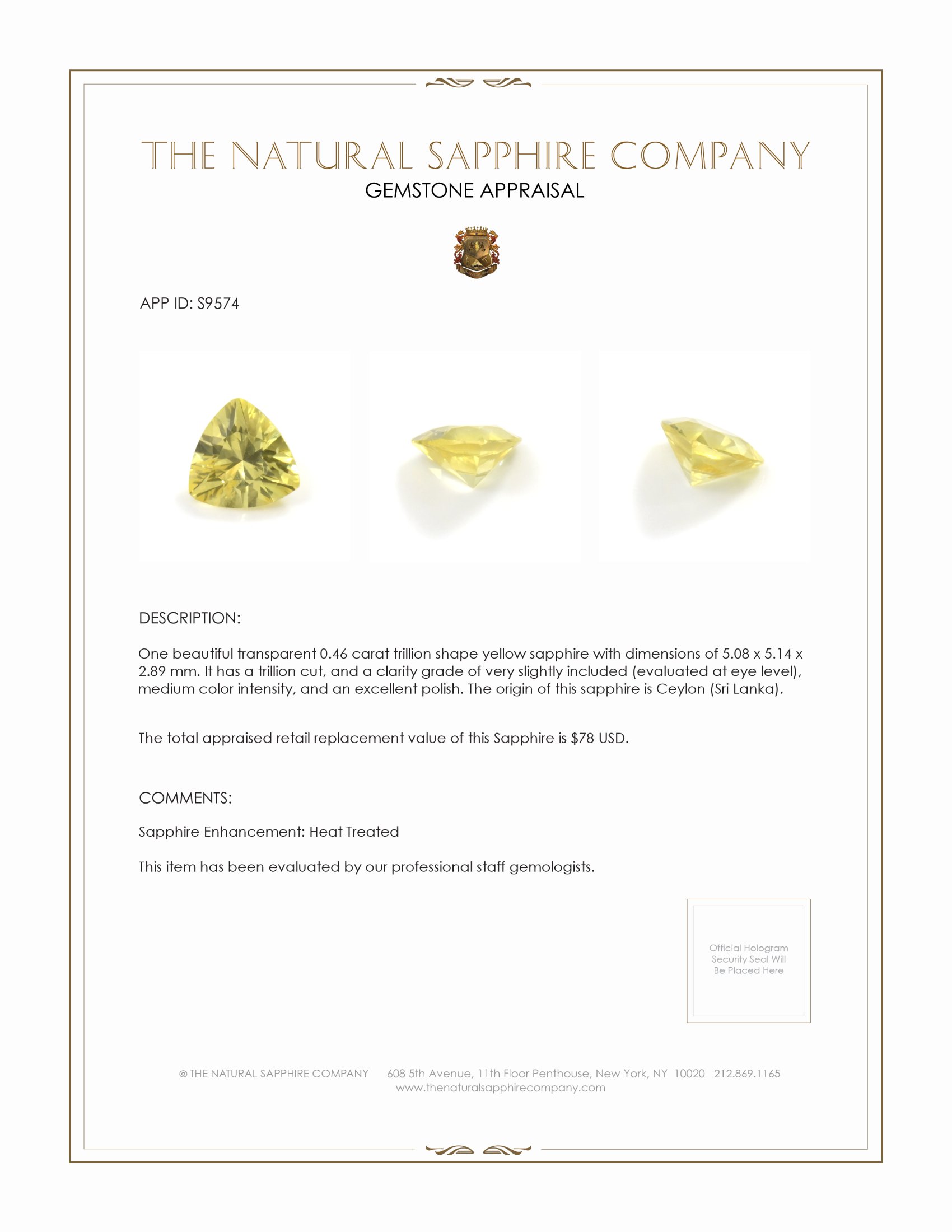 0.46 Ct. Yellow Sapphire from Ceylon (Sri Lanka)