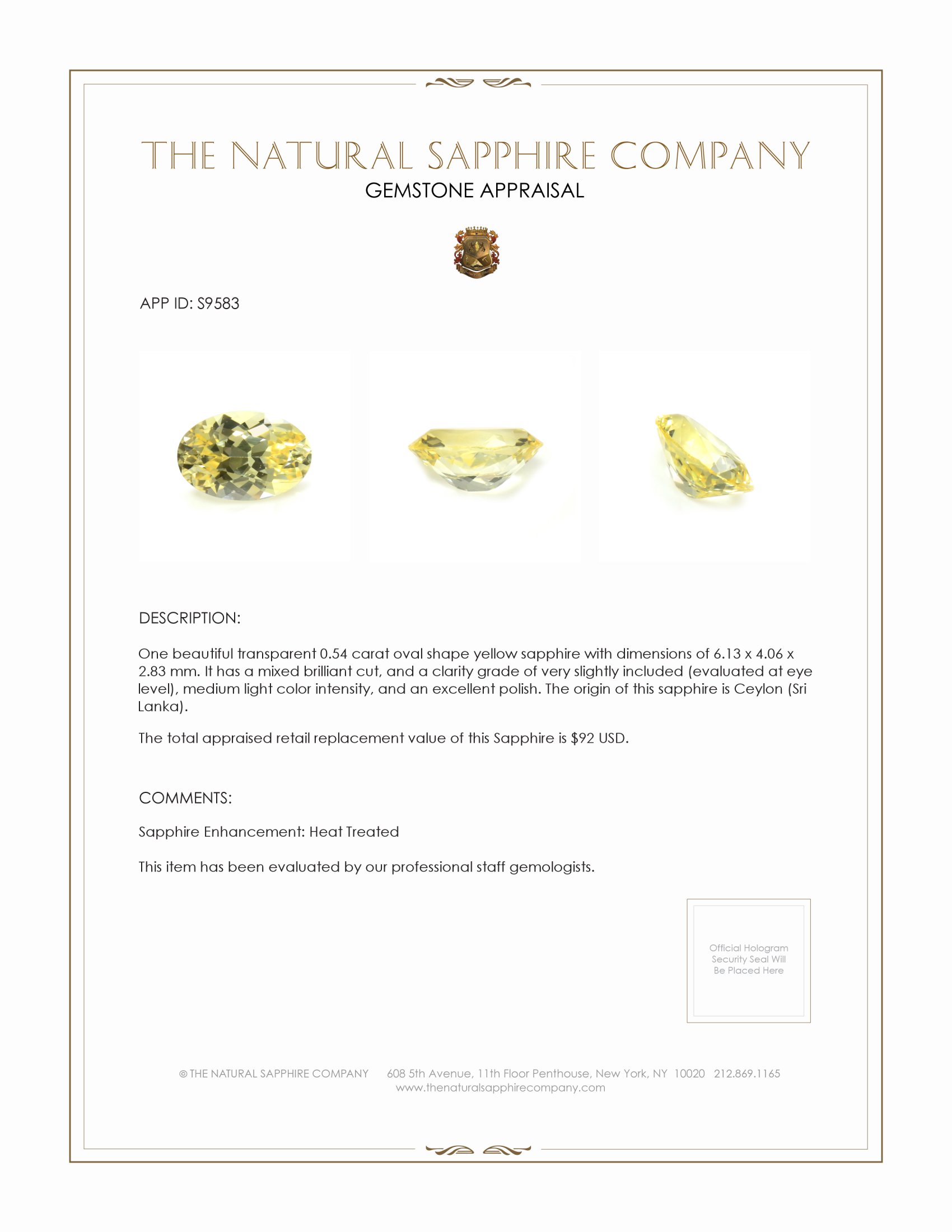 0.54 Ct. Yellow Sapphire from Ceylon (Sri Lanka)