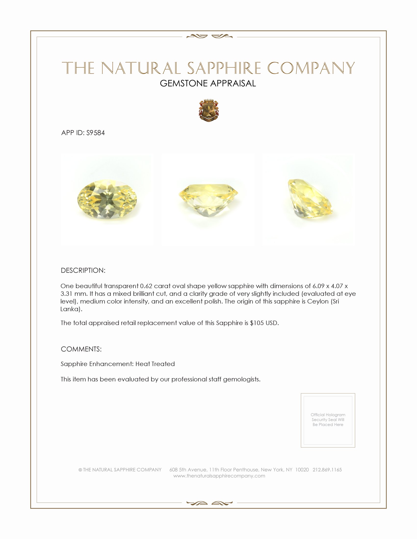 0.62 Ct. Yellow Sapphire from Ceylon (Sri Lanka)