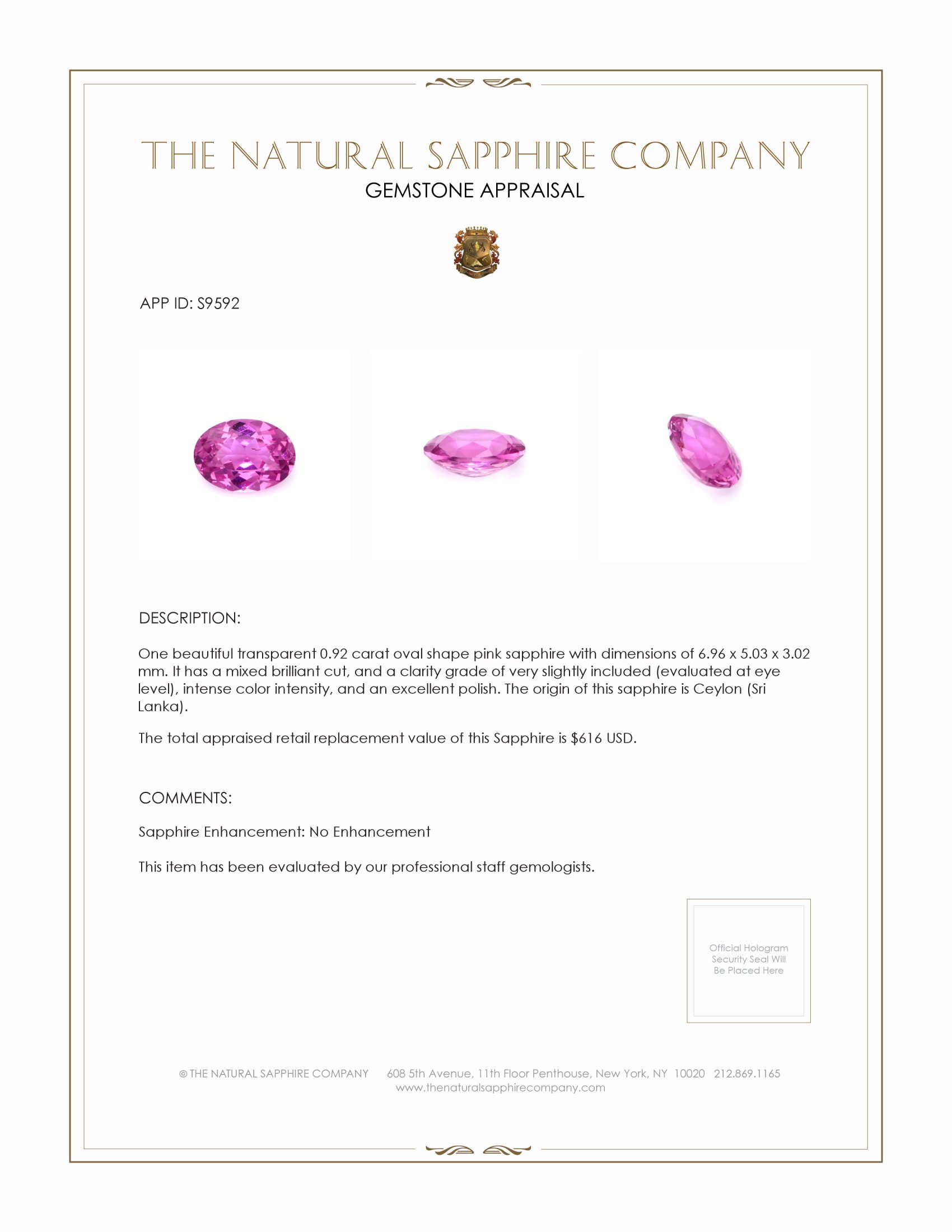 0.92 Ct. Pink Sapphire from Ceylon (Sri Lanka)