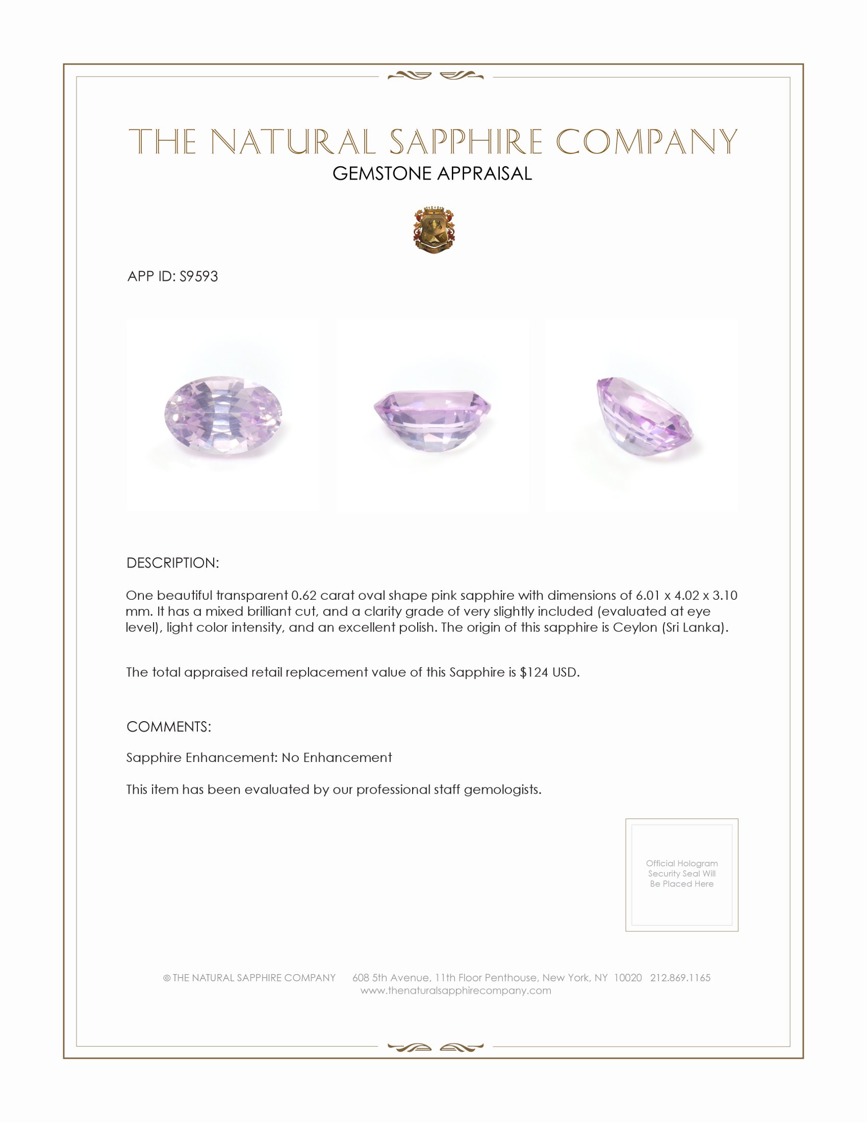 0.62 Ct. Pink Sapphire from Ceylon (Sri Lanka)