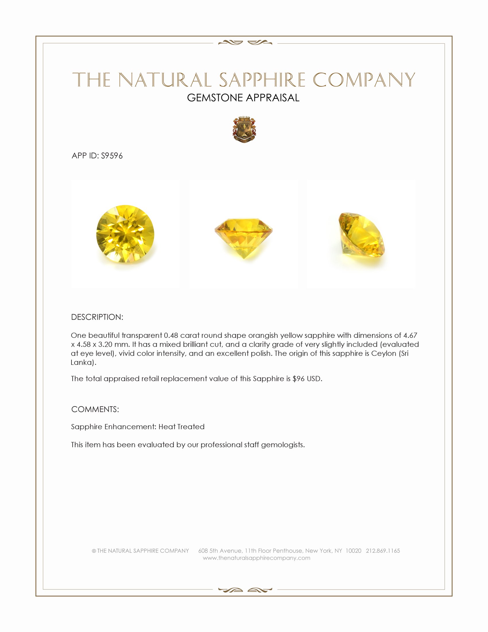 0.48 Ct. Orangish Yellow Sapphire from Ceylon (Sri Lanka)