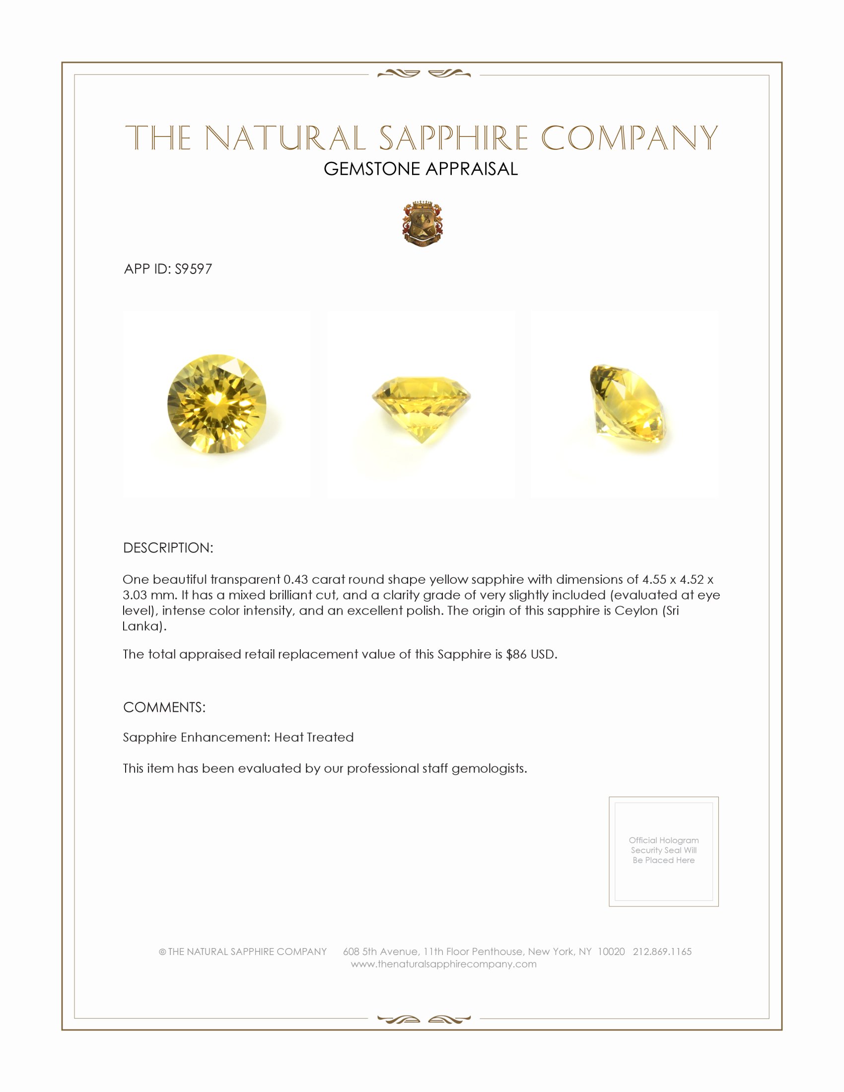0.43 Ct. Yellow Sapphire from Ceylon (Sri Lanka)