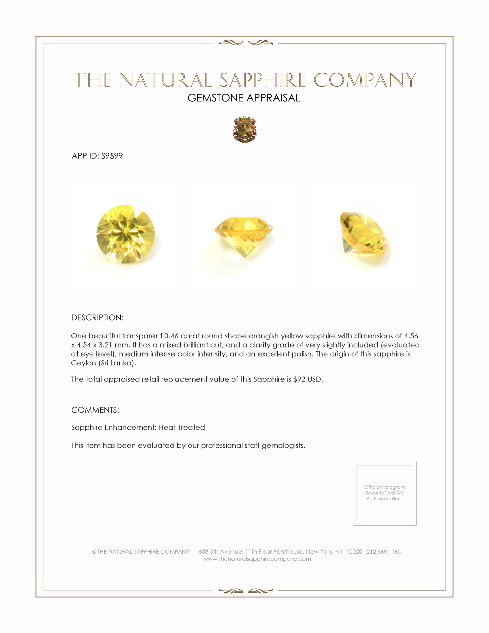 0.46 Ct. Orangish Yellow Sapphire from Ceylon (Sri Lanka)