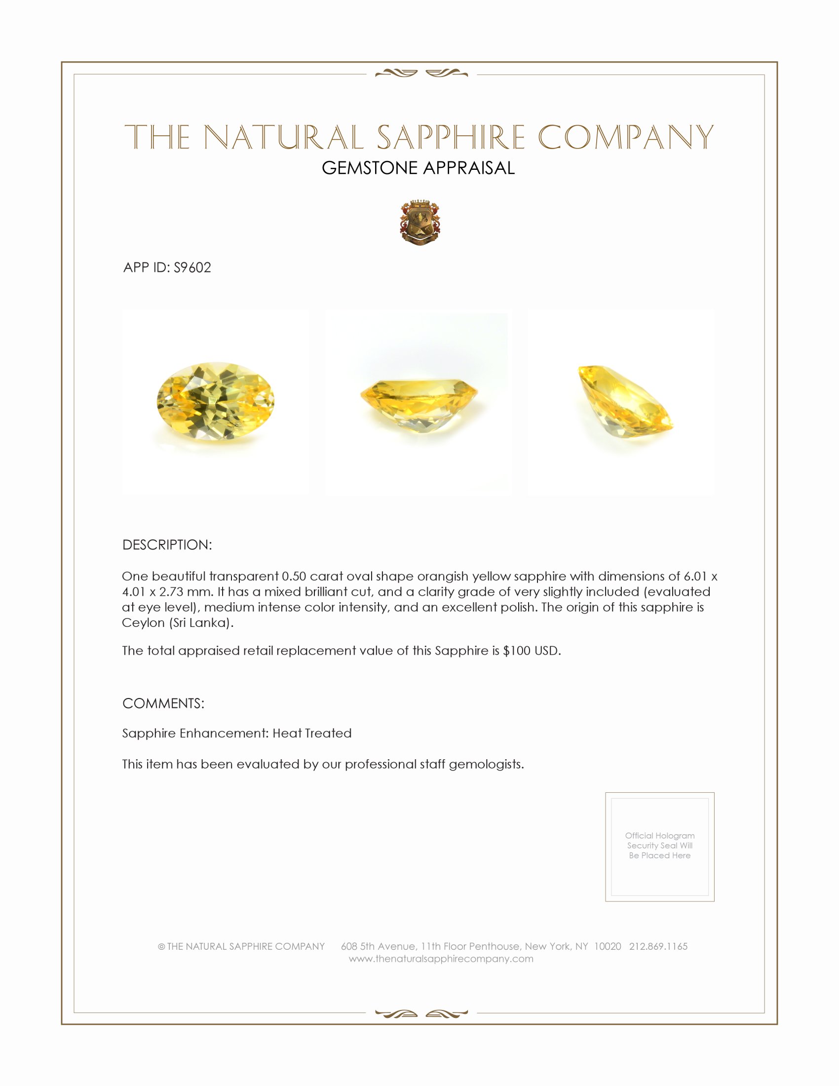 0.50 Ct. Orangish Yellow Sapphire from Ceylon (Sri Lanka)