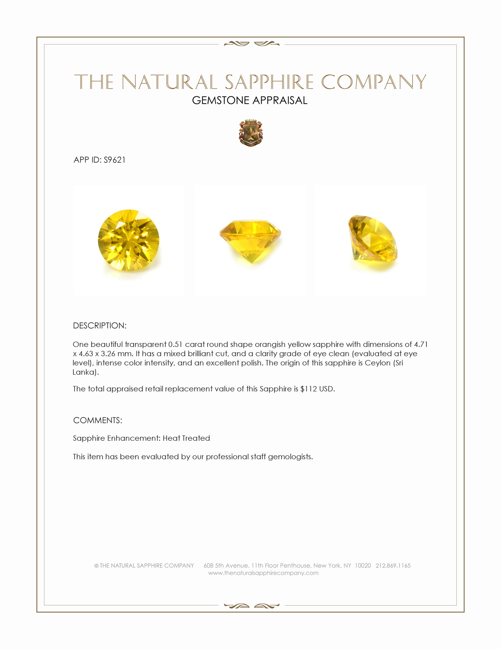 0.51 Ct. Orangish Yellow Sapphire from Ceylon (Sri Lanka)