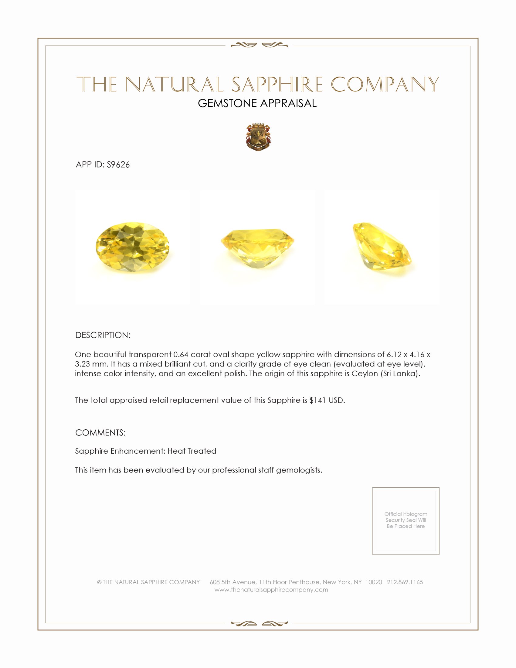 0.64 Ct. Yellow Sapphire from Ceylon (Sri Lanka)