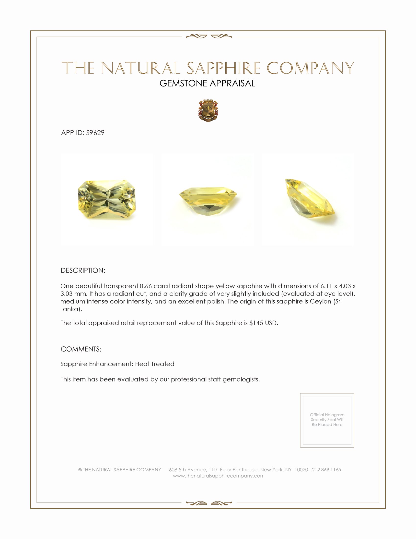 0.66 Ct. Yellow Sapphire from Ceylon (Sri Lanka)