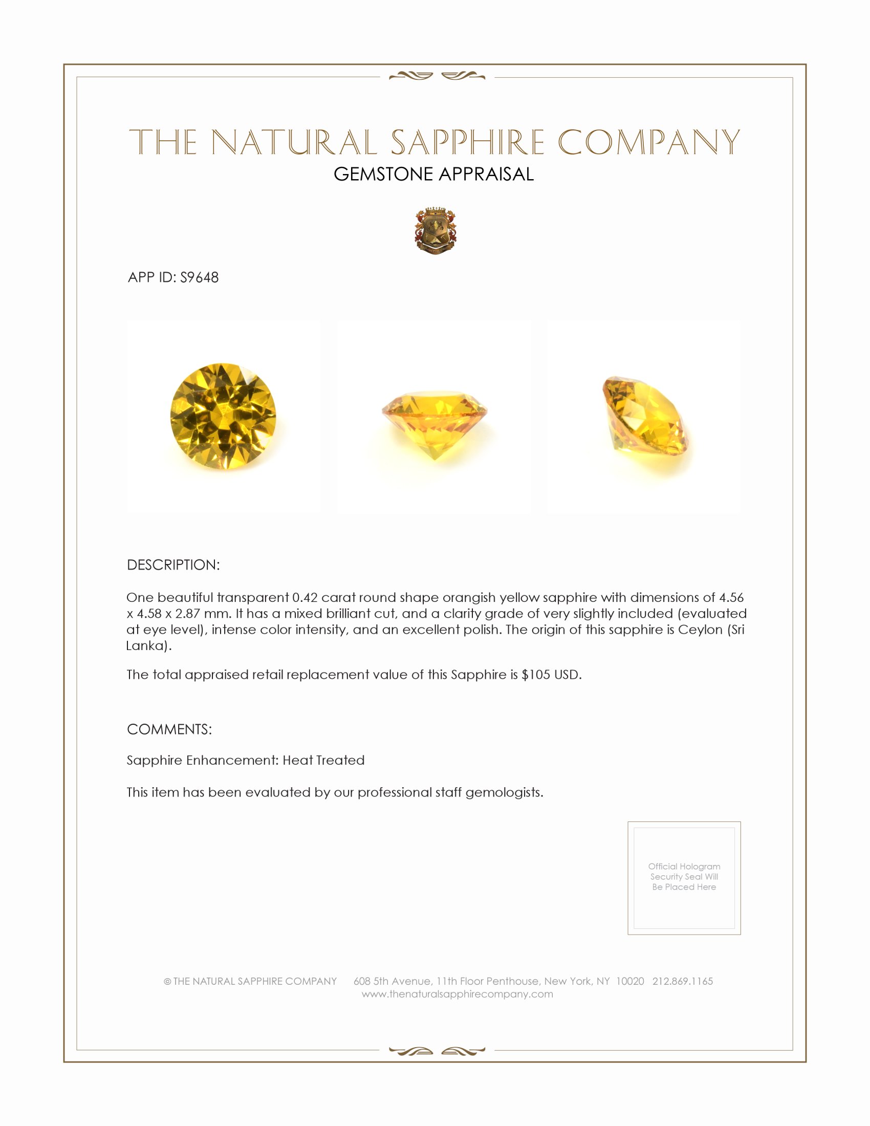 0.42 Ct. Orangish Yellow Sapphire from Ceylon (Sri Lanka)