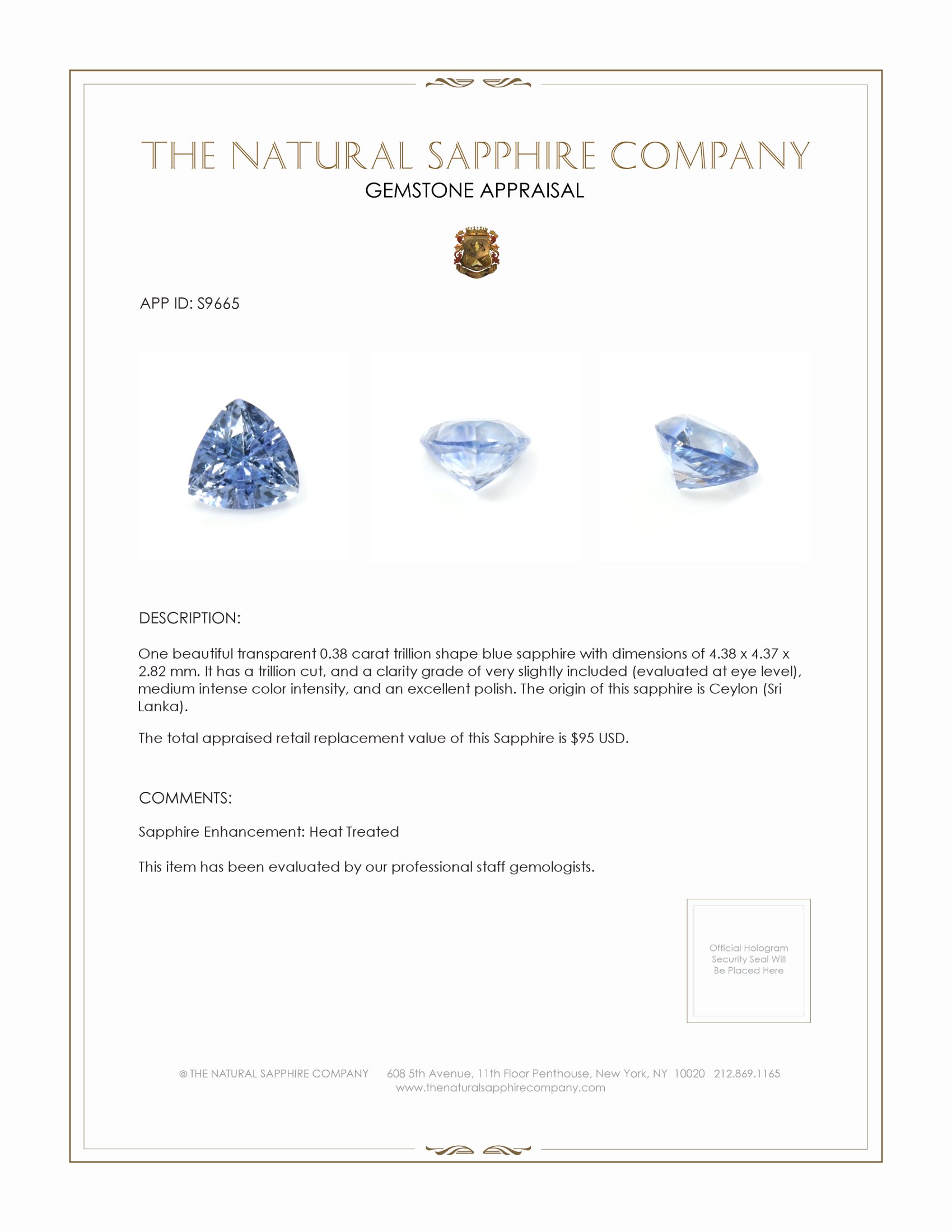 0.38 Ct. Blue Sapphire from Ceylon (Sri Lanka)