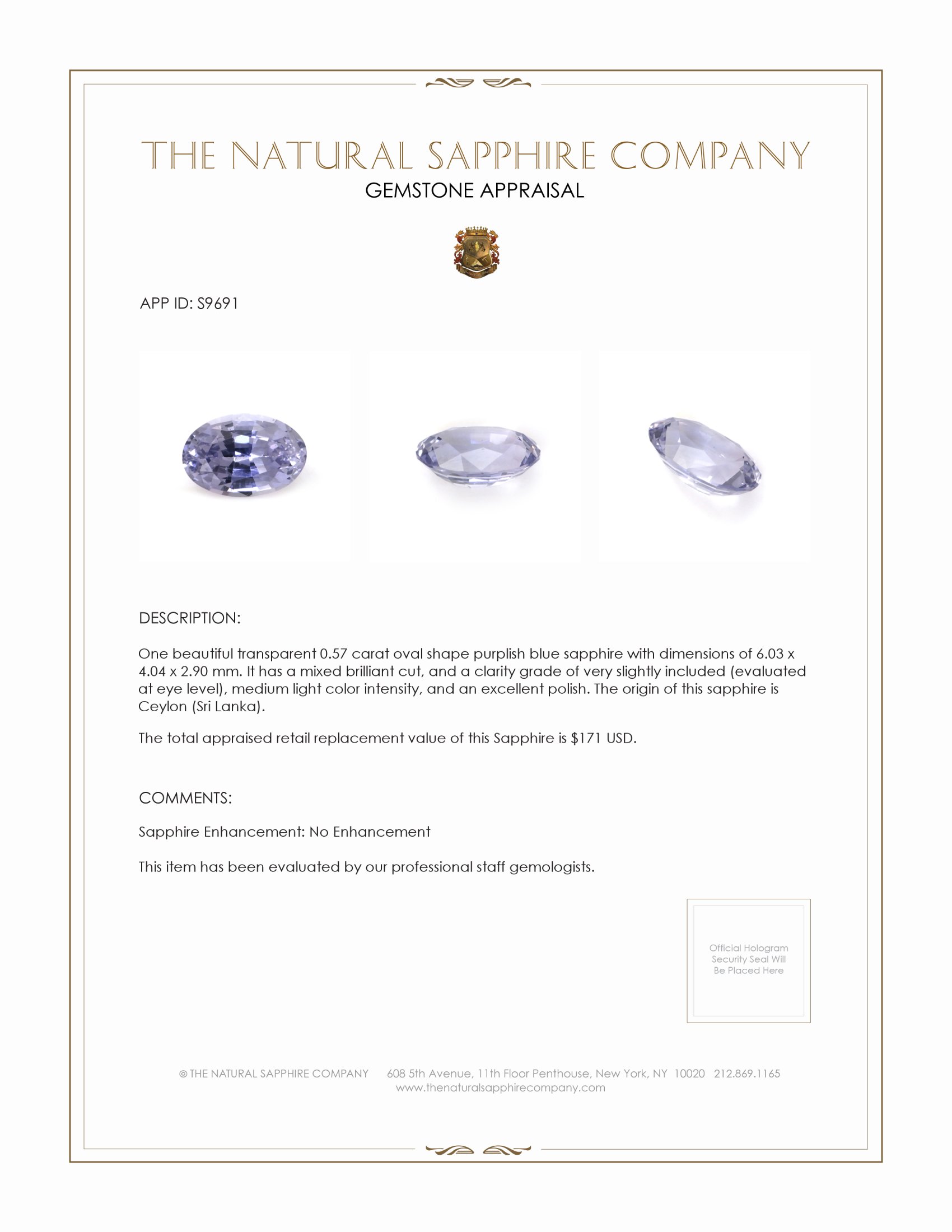 0.57 Ct. Purplish Blue Sapphire from Ceylon (Sri Lanka)