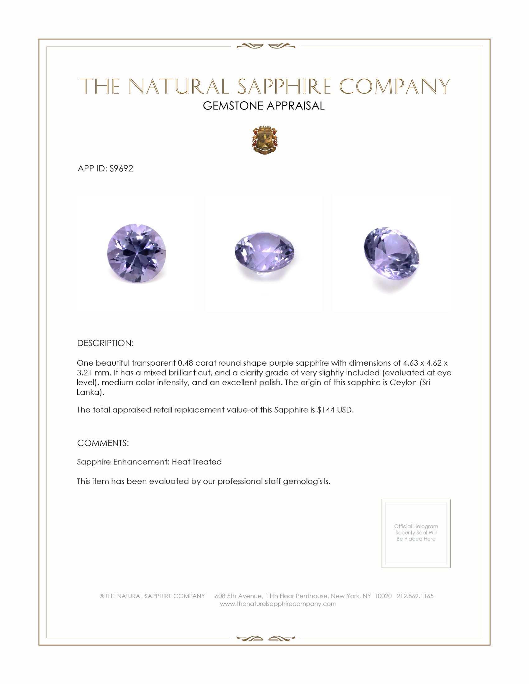 0.48 Ct. Purple Sapphire from Ceylon (Sri Lanka)