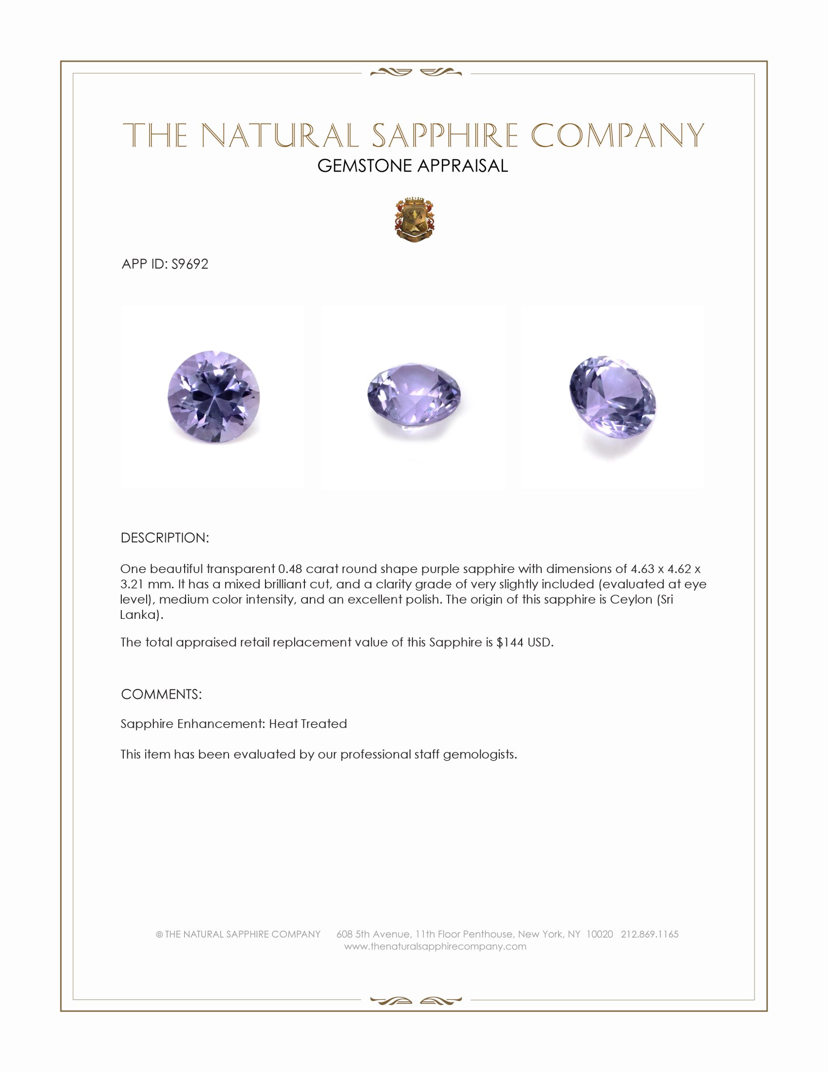 0.48 Ct. Purple Sapphire from Ceylon (Sri Lanka)