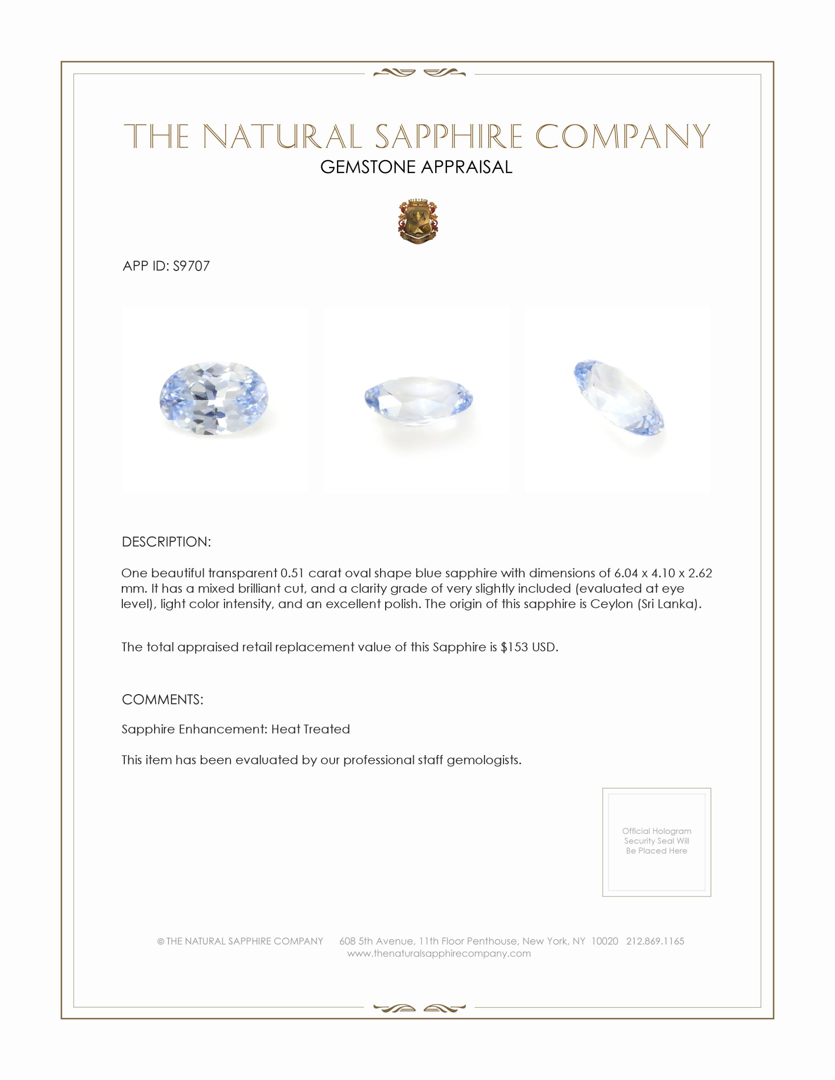 0.51 Ct. Blue Sapphire from Ceylon (Sri Lanka)