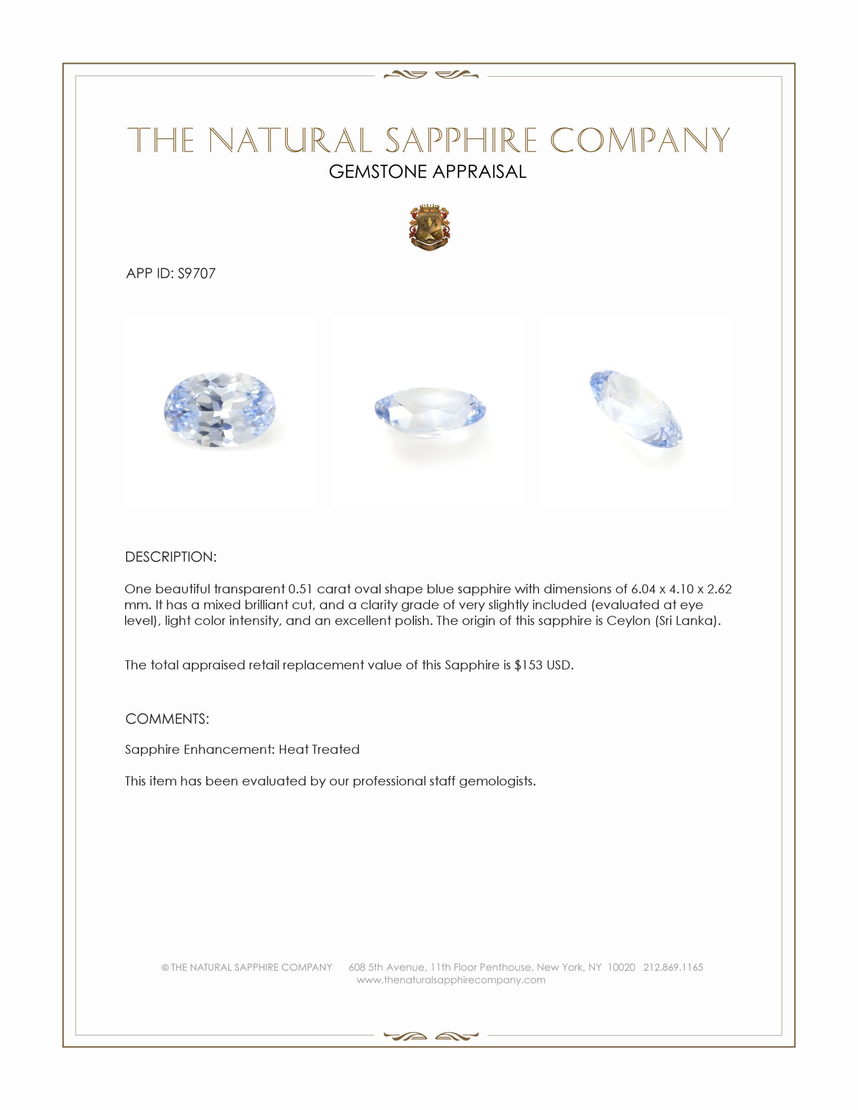 0.51 Ct. Blue Sapphire from Ceylon (Sri Lanka)