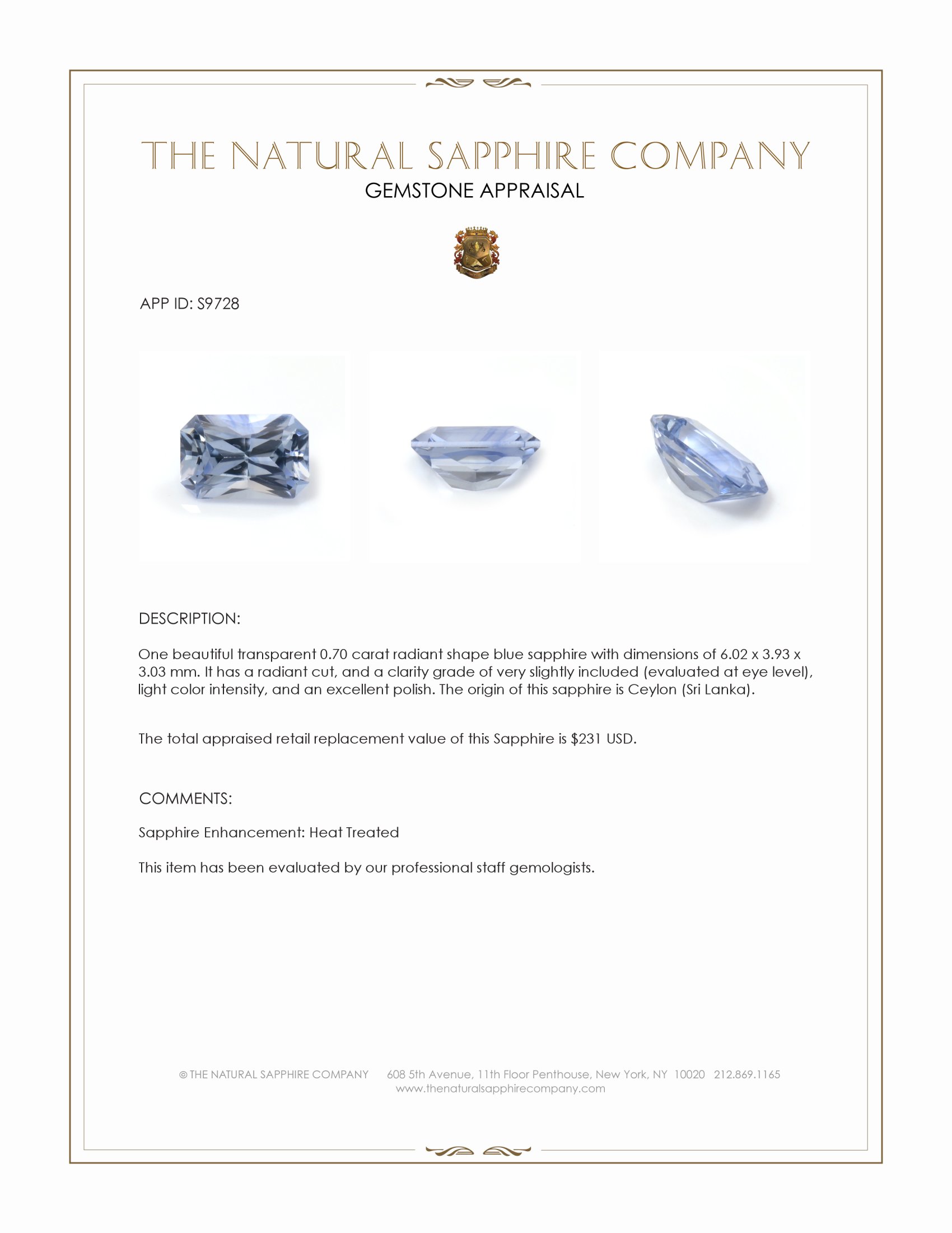 0.70 Ct. Blue Sapphire from Ceylon (Sri Lanka)