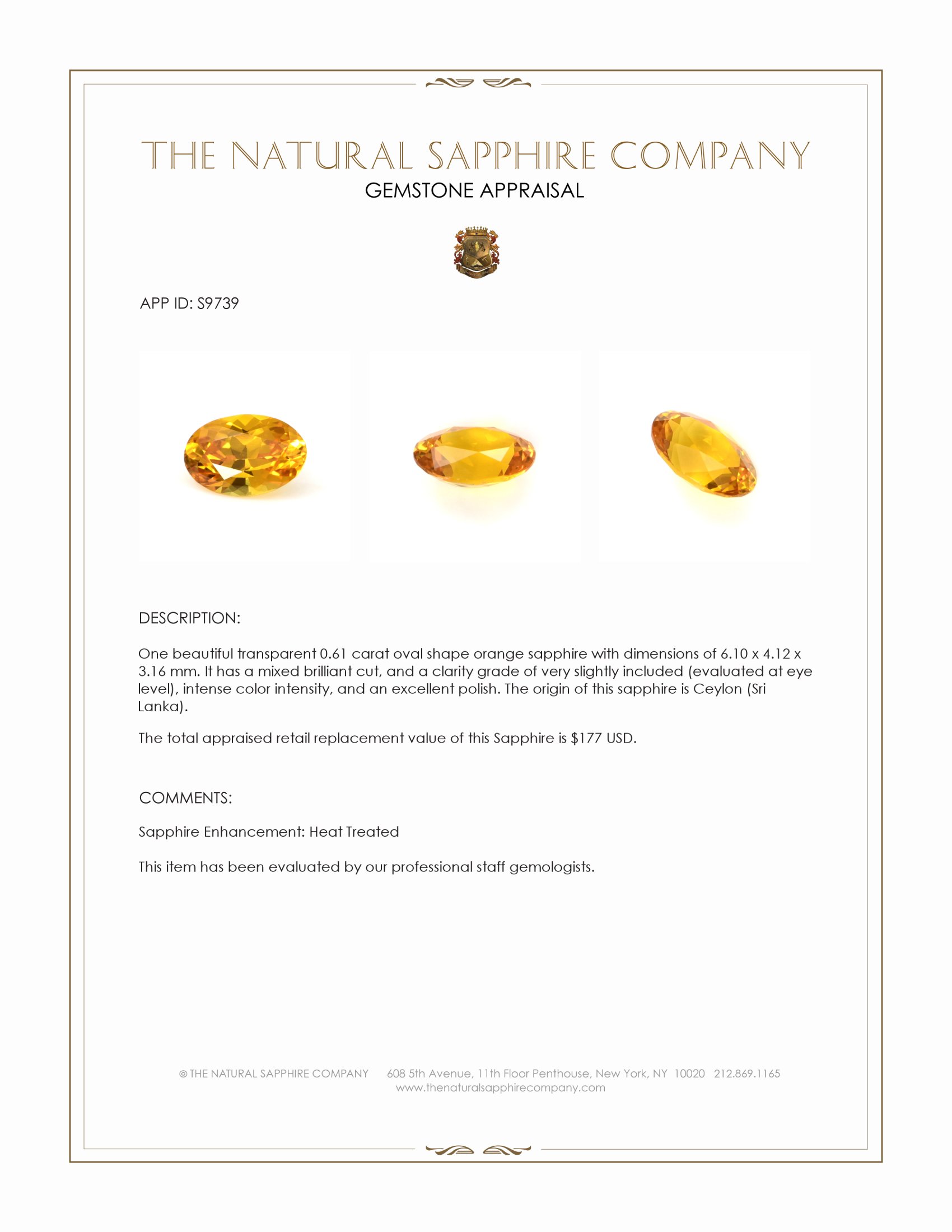0.61 Ct. Orange Sapphire from Ceylon (Sri Lanka)