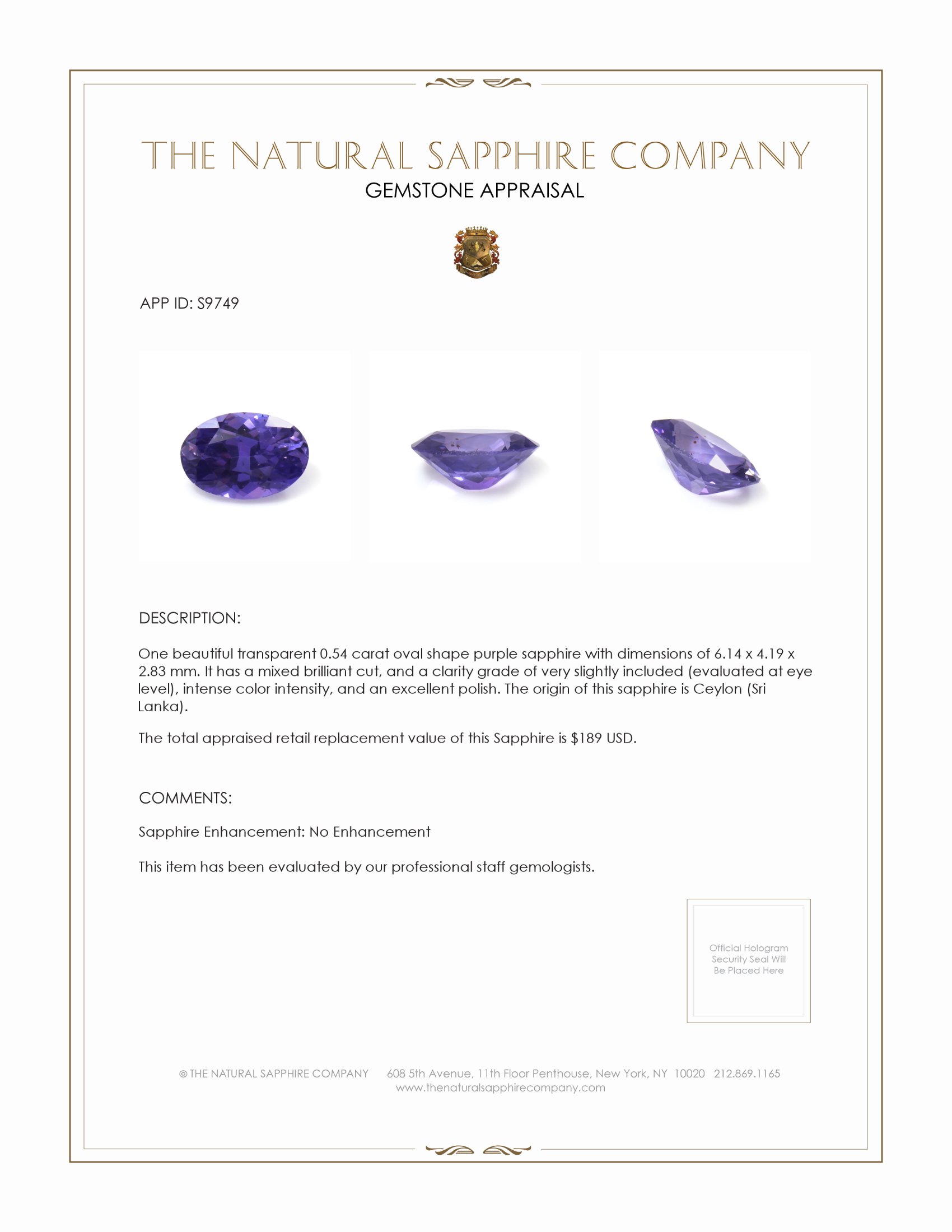 0.54 Ct. Purple Sapphire from Ceylon (Sri Lanka)