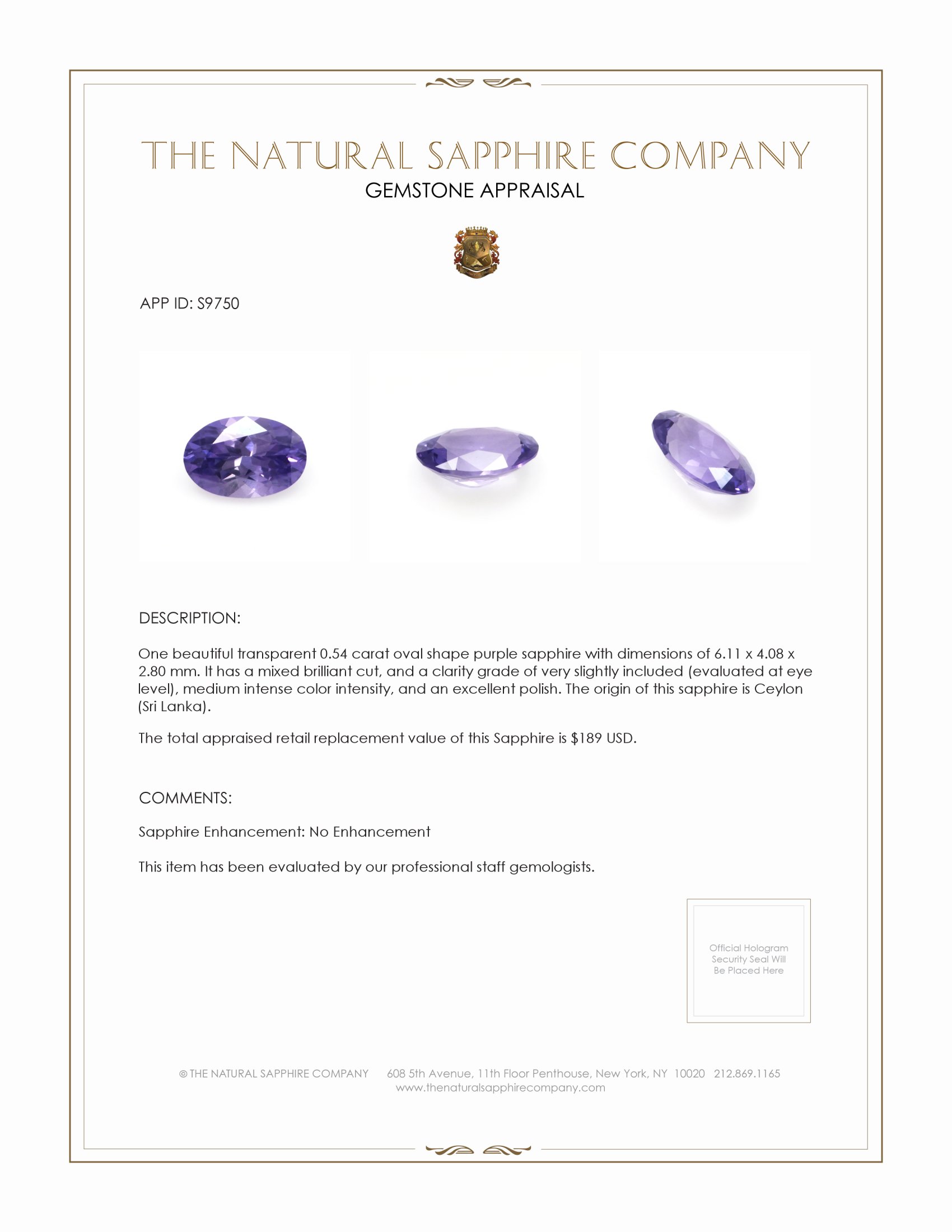 0.54 Ct. Purple Sapphire from Ceylon (Sri Lanka)