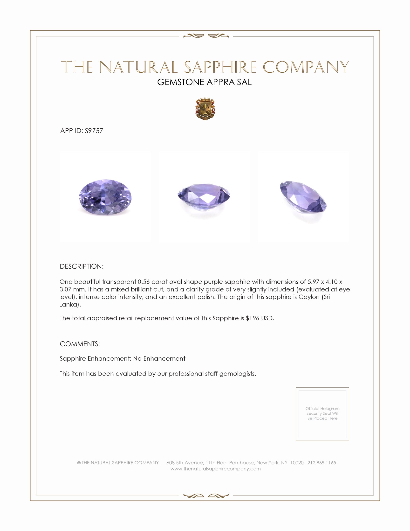 0.56 Ct. Purple Sapphire from Ceylon (Sri Lanka)