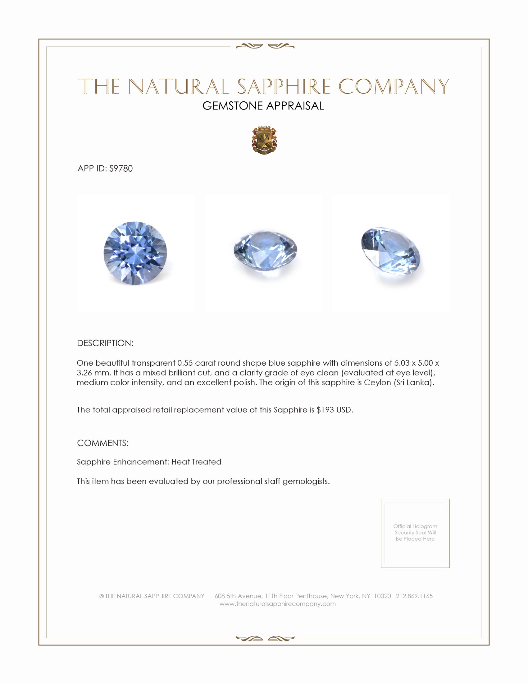 0.55 Ct. Blue Sapphire from Ceylon (Sri Lanka)