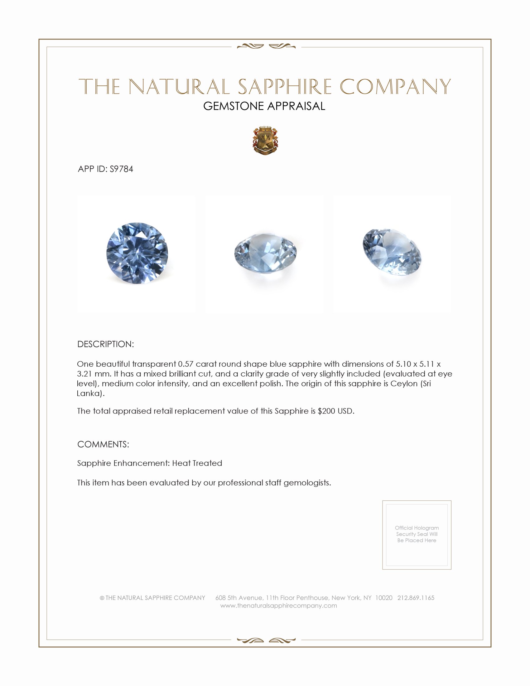 0.57 Ct. Blue Sapphire from Ceylon (Sri Lanka)