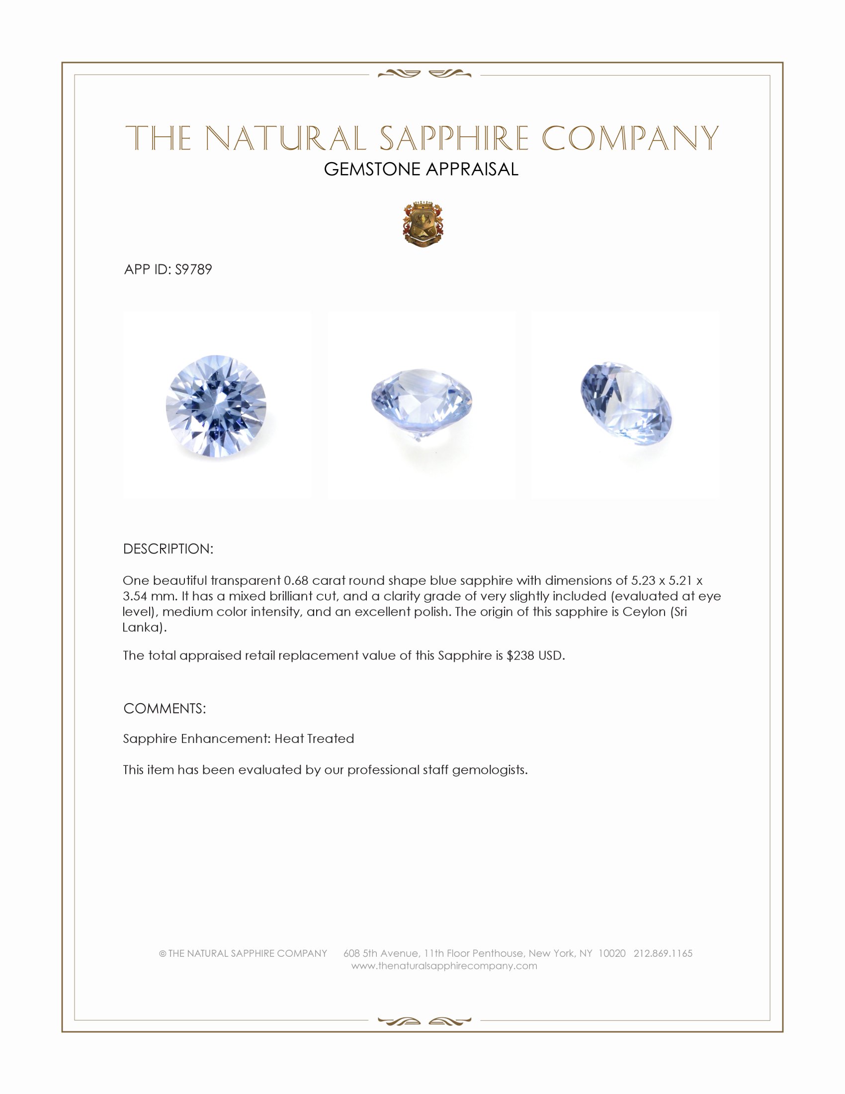 0.68 Ct. Blue Sapphire from Ceylon (Sri Lanka)